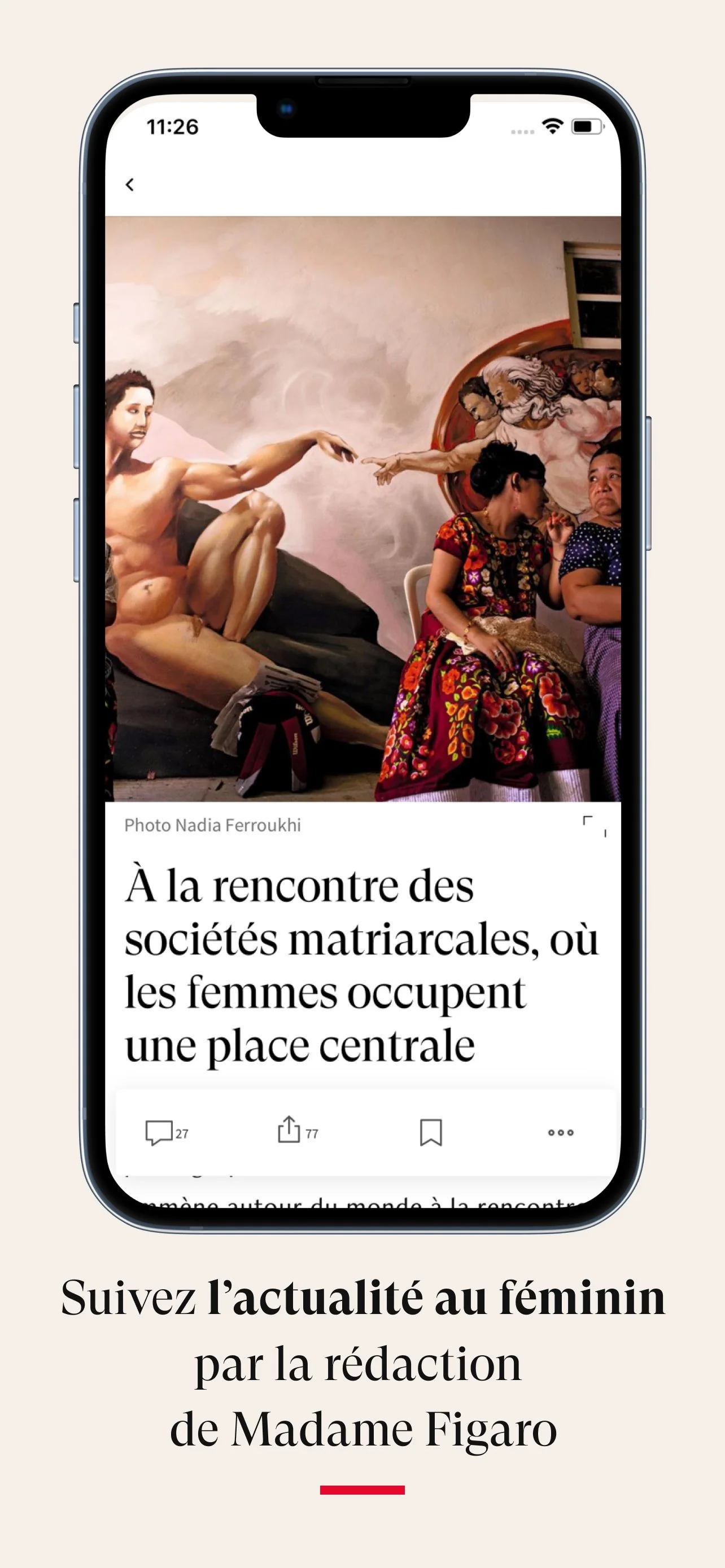 Capture d'écran d'un smartphone affichant un article avec une image de La Création d'Adam de Michel-Ange, où deux femmes en vêtements colorés discutent.