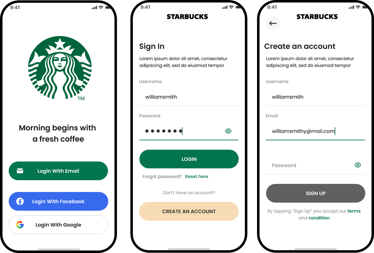 Captures d'écran des pages de l'application Starbucks avec logo, inscription, création de compte, et options de connexion.