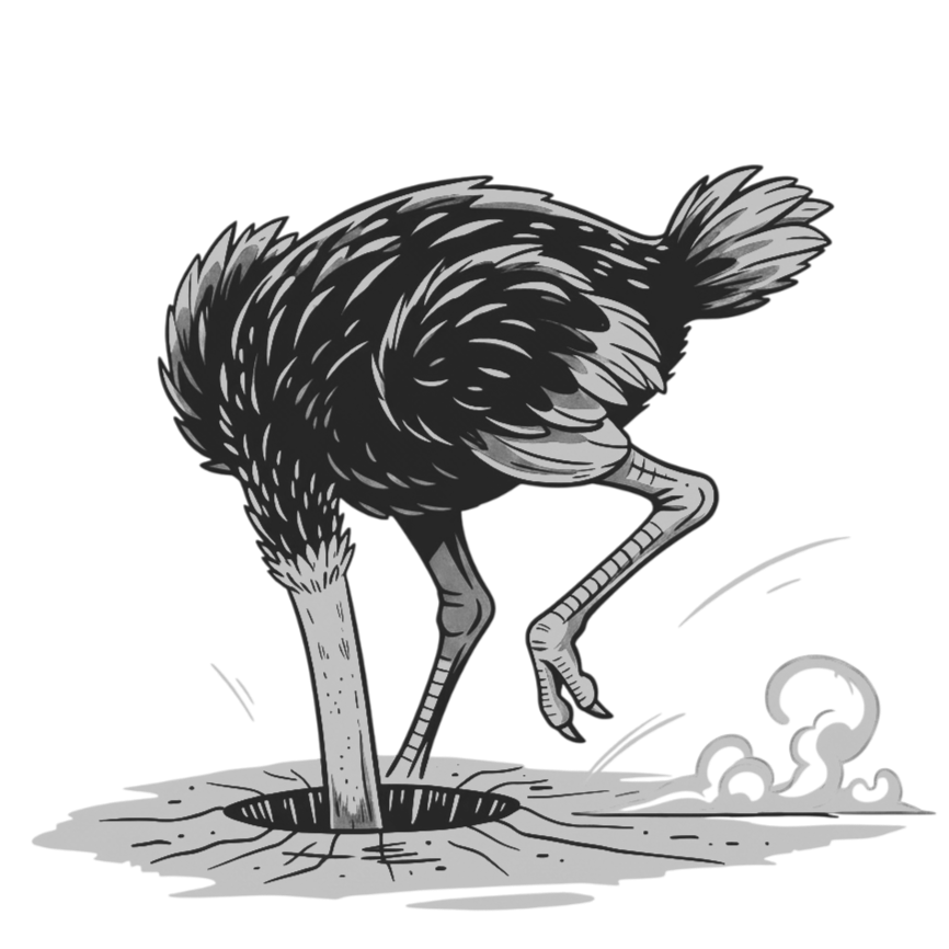 Une illustration en noir et blanc d'une autruche, en train de sortir d'un trou dans le sol.