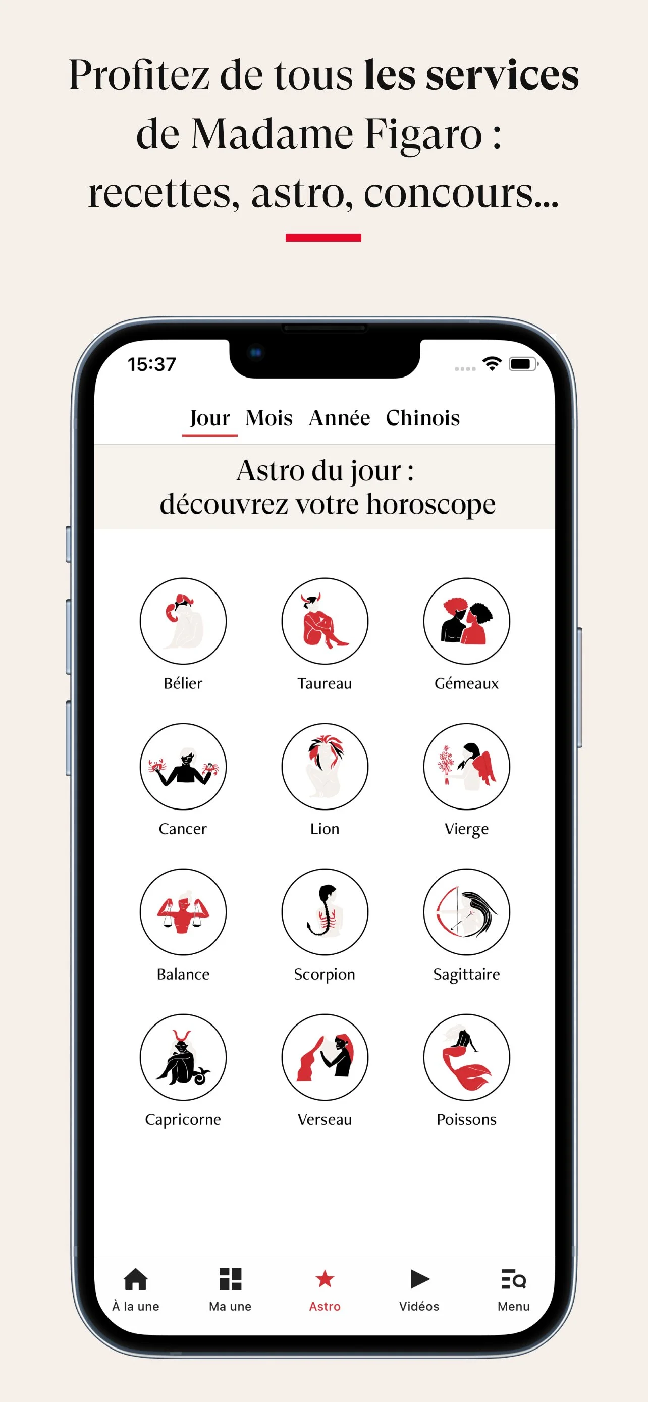 Capture d'écran d'une application mobile avec une section sur l'astrologie, affichant des symboles zodiacaux pour Bélier, Taureau, Gémeaux, Cancer, Lion, Vierge, Balance, Scorpion, Sagittaire, Capricorne, Verseau et Poissons.