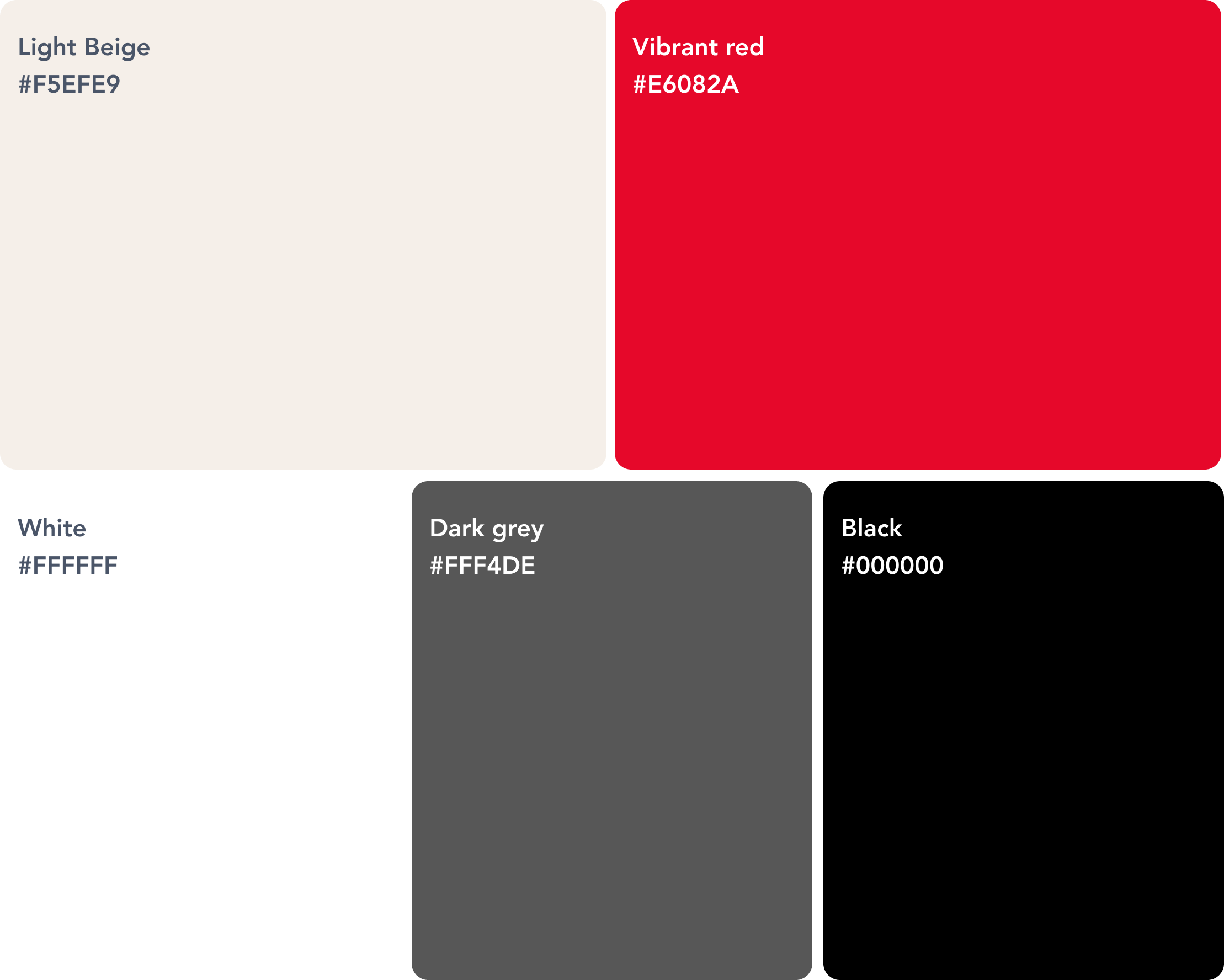 Palette de couleurs avec cinq échantillons : beige clair, rouge vif, blanc, gris foncé, noir, avec leurs codes hexadécimaux.