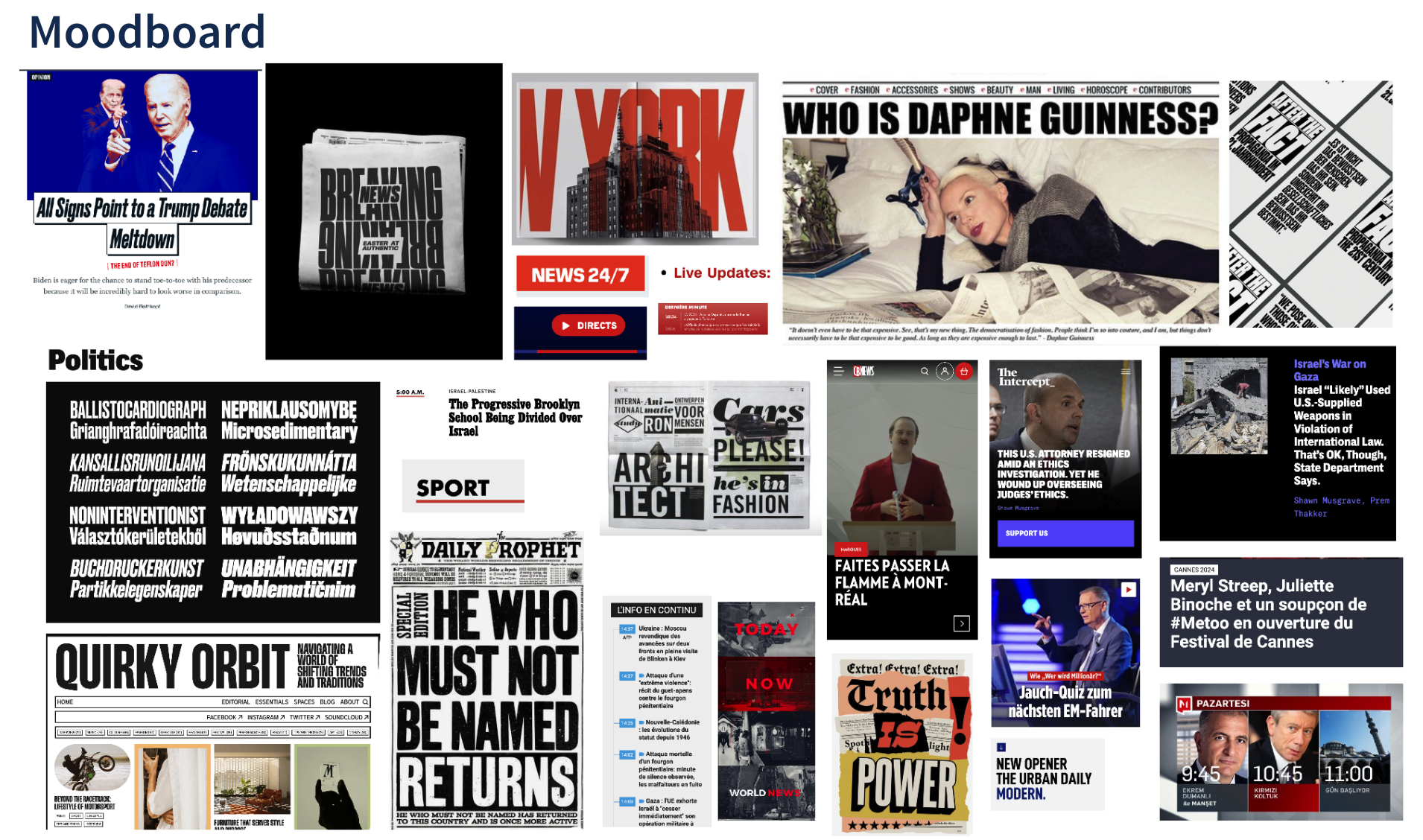 Tableau d'humeurs avec plusieurs captures d'écran de sites d'actualités et journaux, des articles, des titres et images, dont une femme lisant un journal sur un lit, et diverses sections de nouvelles.