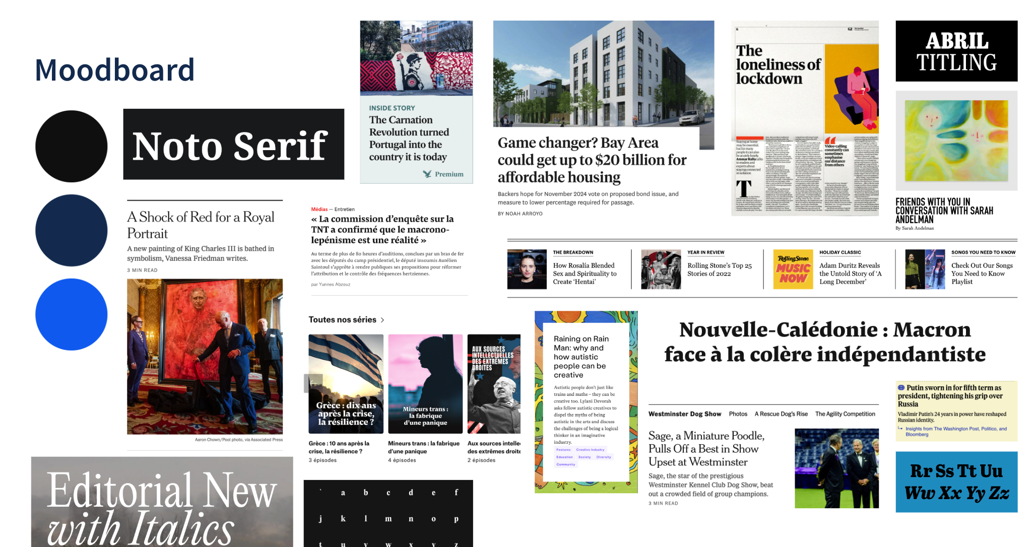 Un tableau de bord d'actualités avec divers articles, images et titres en français, couvrant des sujets comme l'immobilier, la politique, la culture et la société.