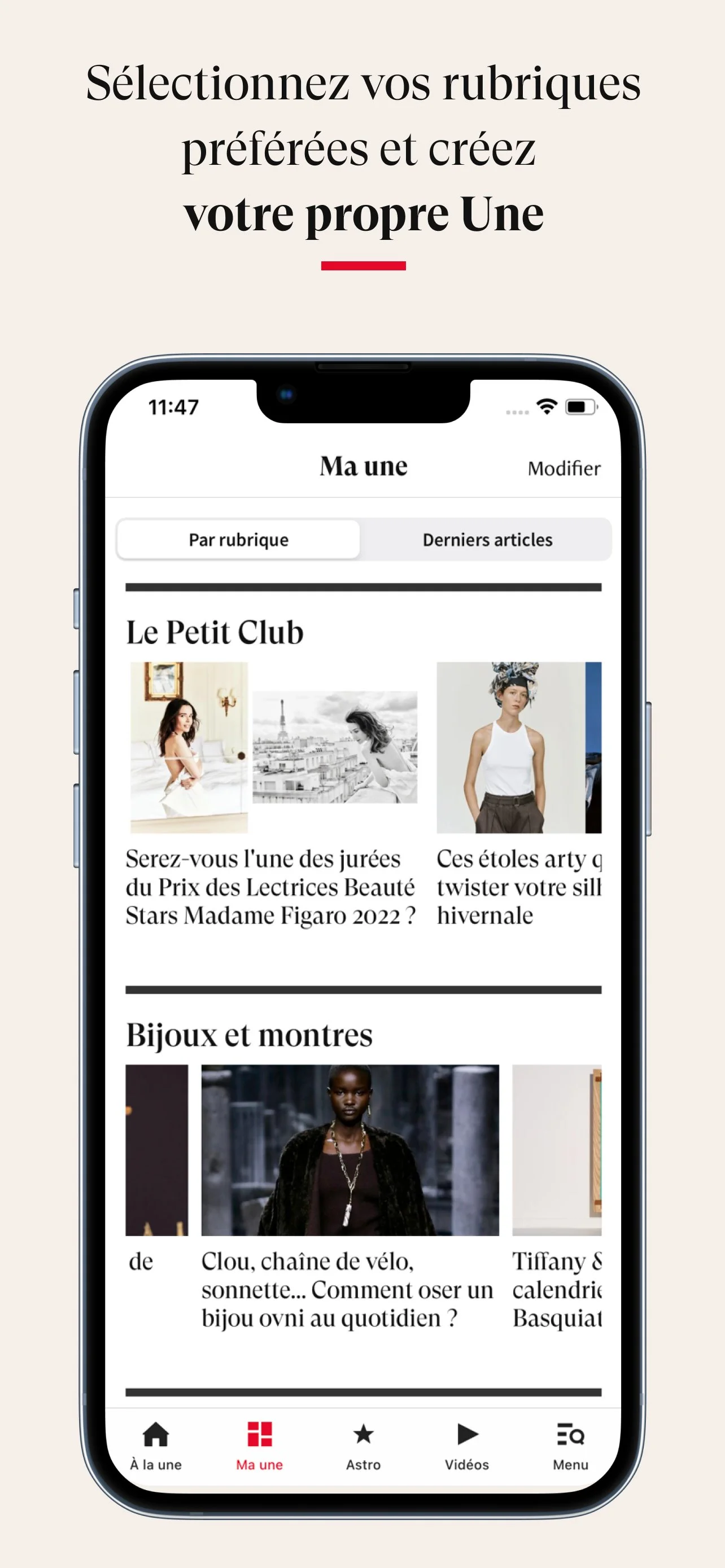 Capture d'écran d'une application de journalisme ou de blogs sur un smartphone, montrant des rubriques comme 'Le Petit Club' et 'Bijoux et montres', avec des images de femmes dans des environnements urbains et de mode.