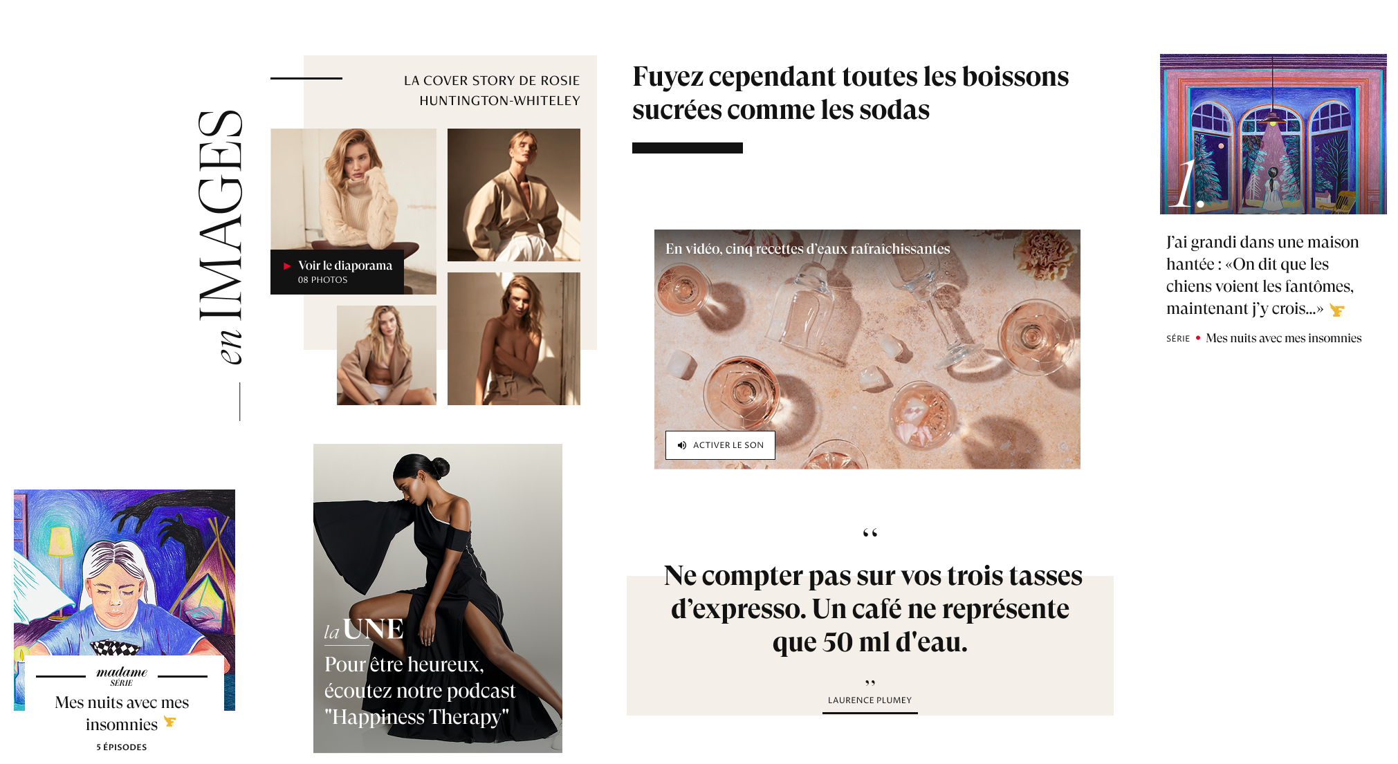Page web de mode et lifestyle avec plusieurs images de personnes, un diaporama, des boîtes de texte et des illustrations. Inclut une section avec un portrait d'une femme en noir, une maison hantée, des verres avec de l'eau, et un podcast intitulé « Mes nuits avec mes insomnies ».