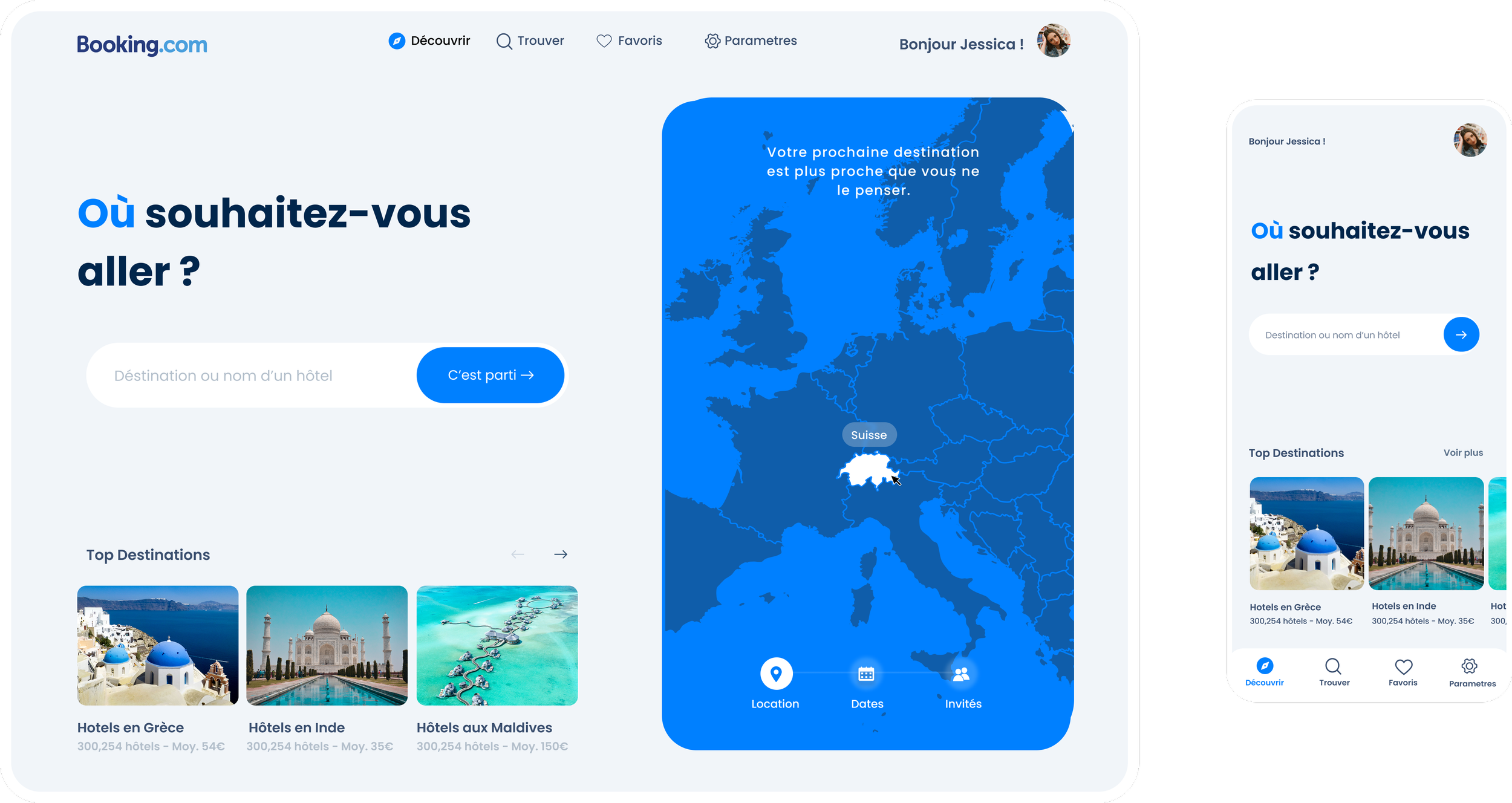 Page d'accueil du site Booking.com avec un questionnaire pour choisir une destination de voyage, affichant une carte de l'Europe avec la Suisse sélectionnée, un champ de recherche, et des suggestions de destinations populaires comme Grèce, Inde, et Maldives.