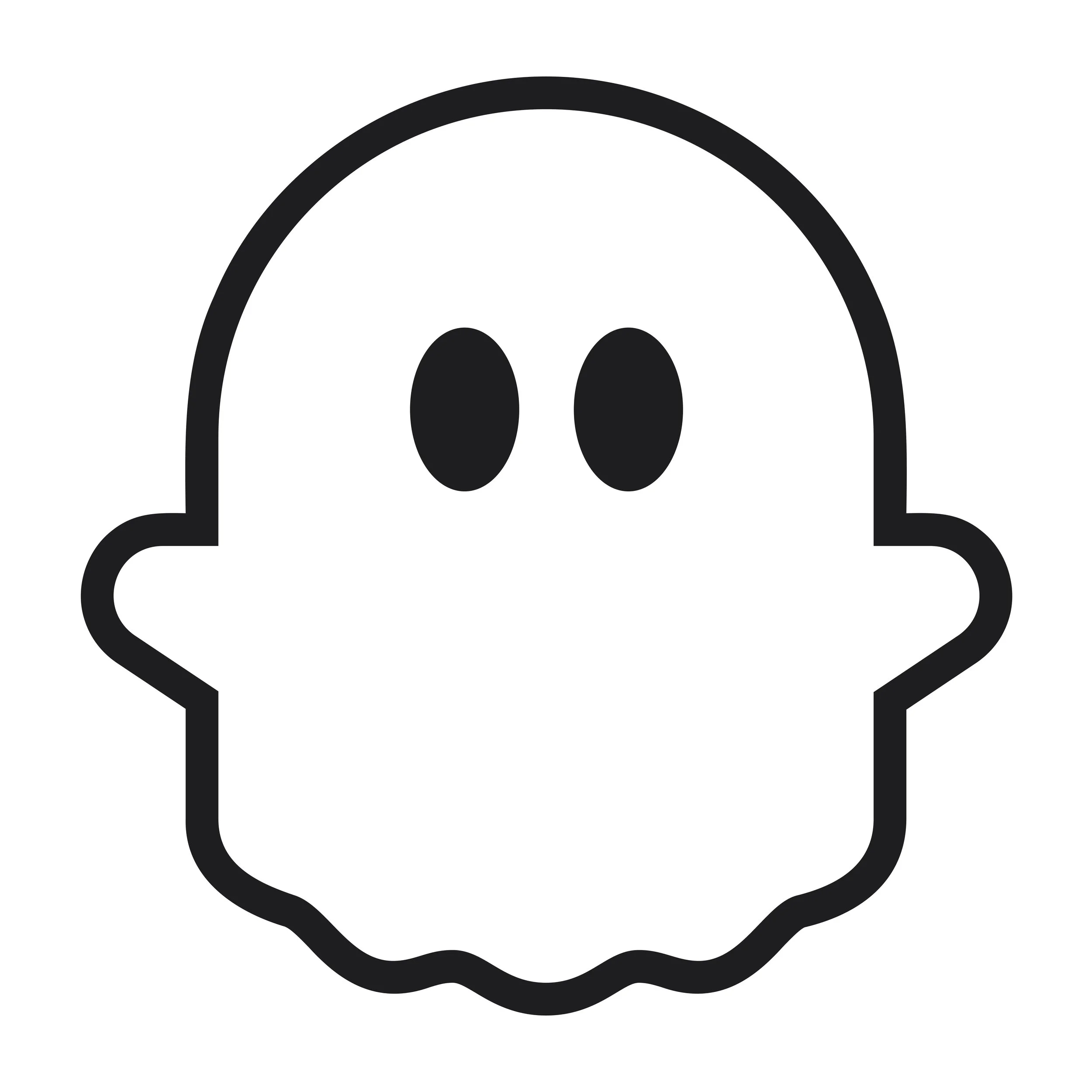 Un dessin simple d'une personne déguisée en fantôme avec un contour épais, deux ovales noirs pour les yeux, sans bouche.