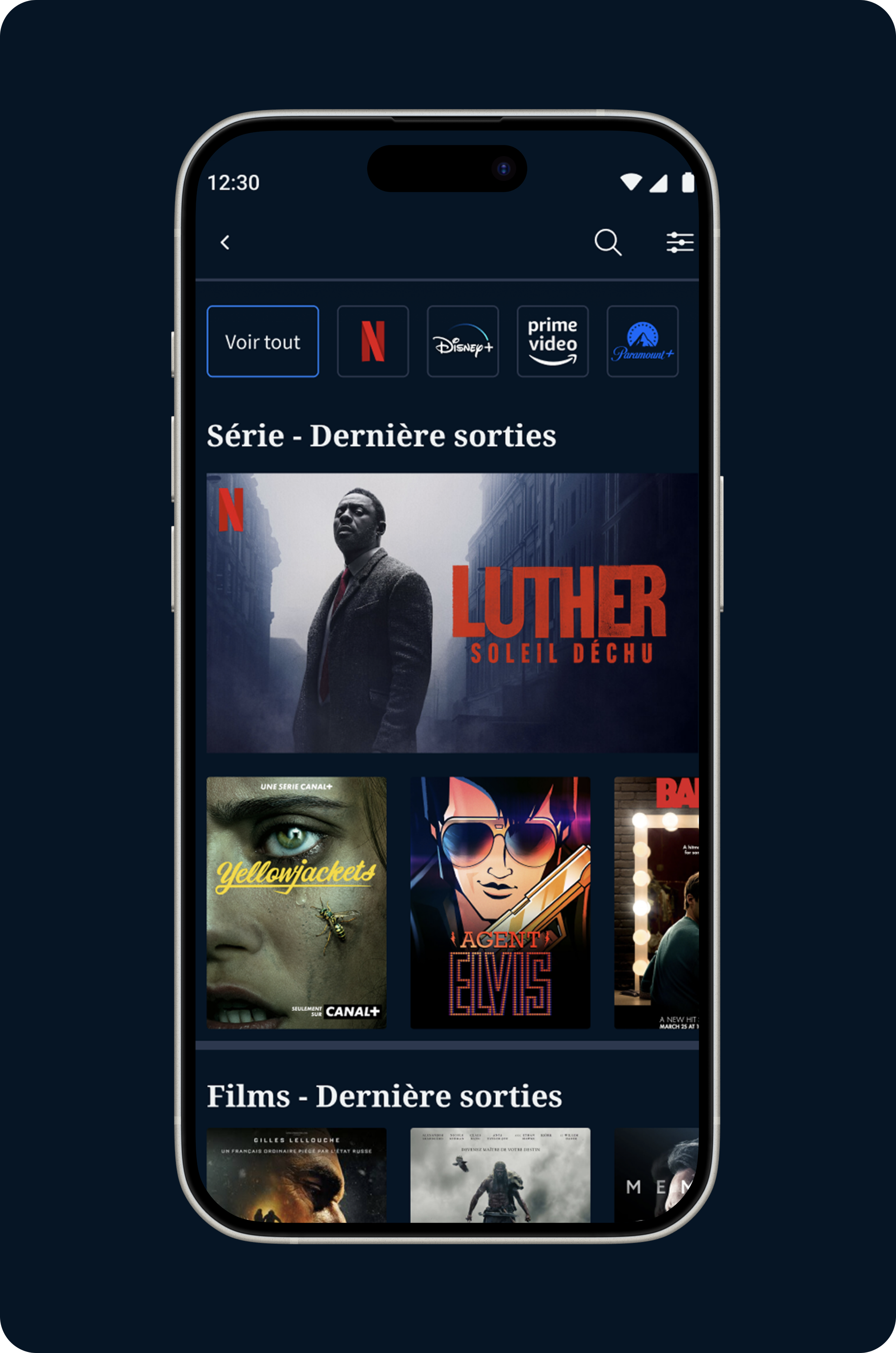 Capture d'écran d'une application de streaming montrant des séries récentes, notamment 'Luther : Soleil Déchu', 'Yellowjackets', 'Agent Elvis' et d'autres. L'interface utilisateur est noire avec des options de navigation en haut et différentes catégories de contenu.