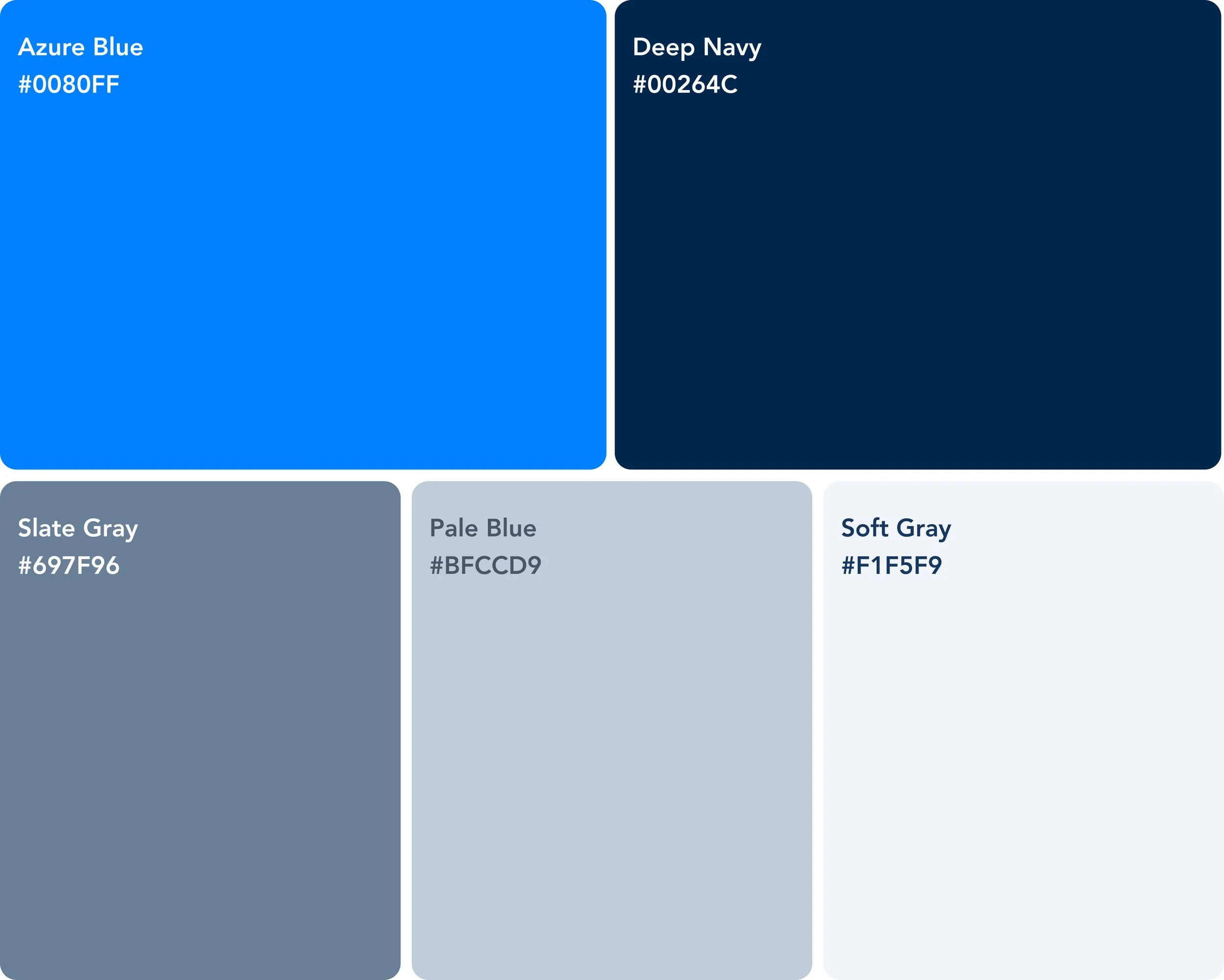 Échantillons de différentes couleurs : Azure Blue, Deep Navy, Slate Gray, Pale Blue, Soft Gray avec leurs codes hexadécimaux.