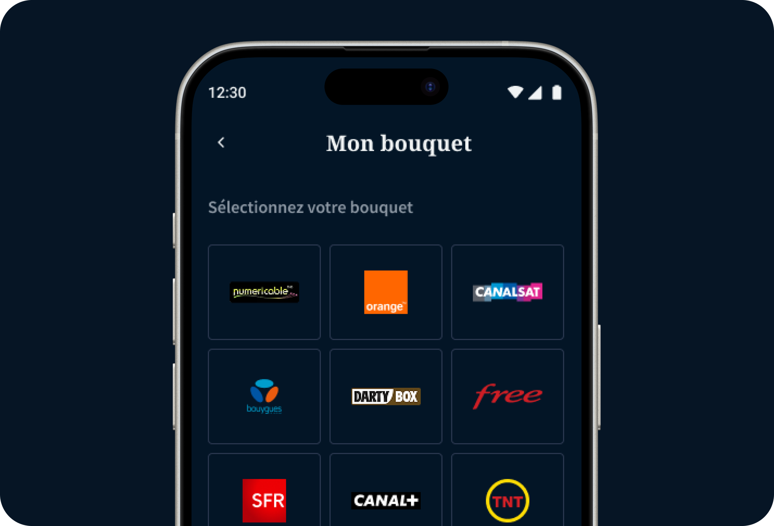 Capture d'écran d'une application mobile de sélection de bouquets de télévision avec différents logos de fournisseurs de services comme Orange, CanalSat, Bouygues, Free, SFR, Canal+, TNT, Darty Box, et Numéricable.