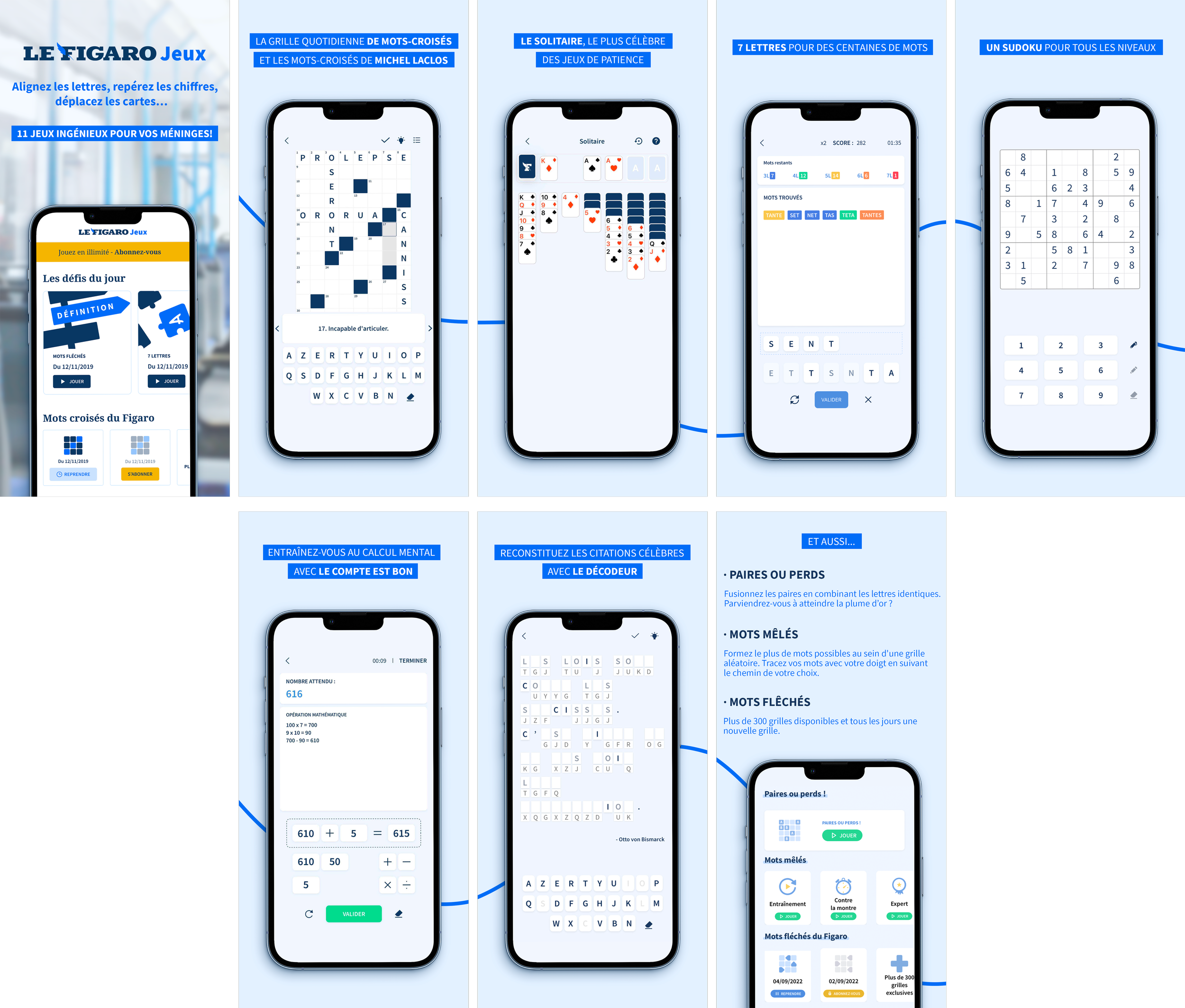 Capture d'écran montrant diverses applications de jeux de logique et de réflexion sur smartphones, incluant des puzzles de mots croisés, le jeu de solitaire, un Sudoku, un calcul mental, un jeu de citations, et d'autres jeux cérébraux.