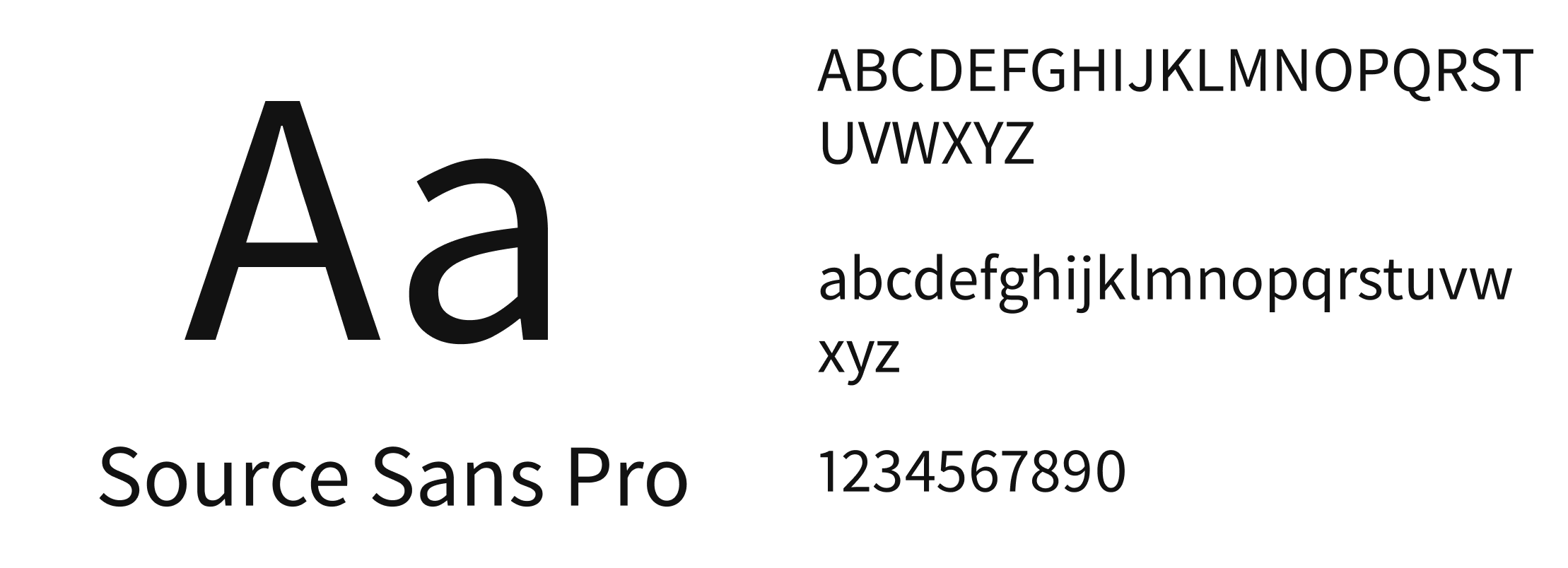 Exemple de police de caractères avec alphabet majuscules et minuscules, chiffres et texte 'Source Sans Pro'.
