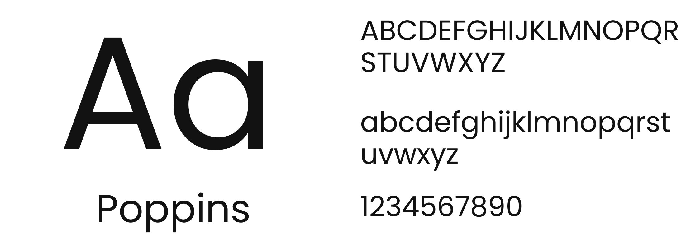 Exemple de typographie avec lettres majuscules et minuscules, chiffres 0 à 9, nom de police 'Poppins', et alphabet. Fond blanc, texte en noir.