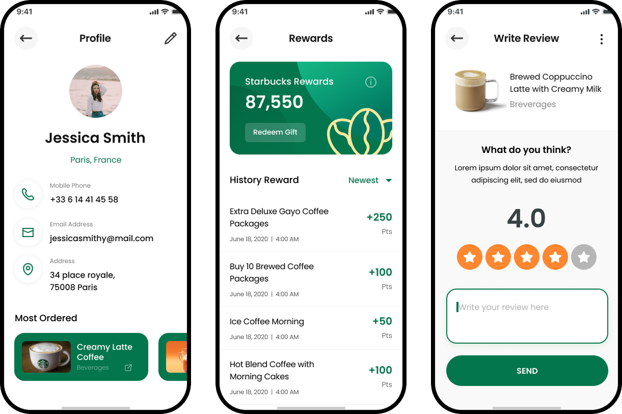 Captures d'écran d'une application mobile avec les sections Profil, Récompenses et Rédaction d'avis.