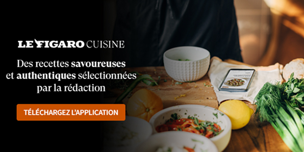 Capture d'écran d'une publicité pour le journal Le Figaro Cuisine, montrant une personne préparant des plats avec des ingrédients sur une table, connectée à une application mobile.