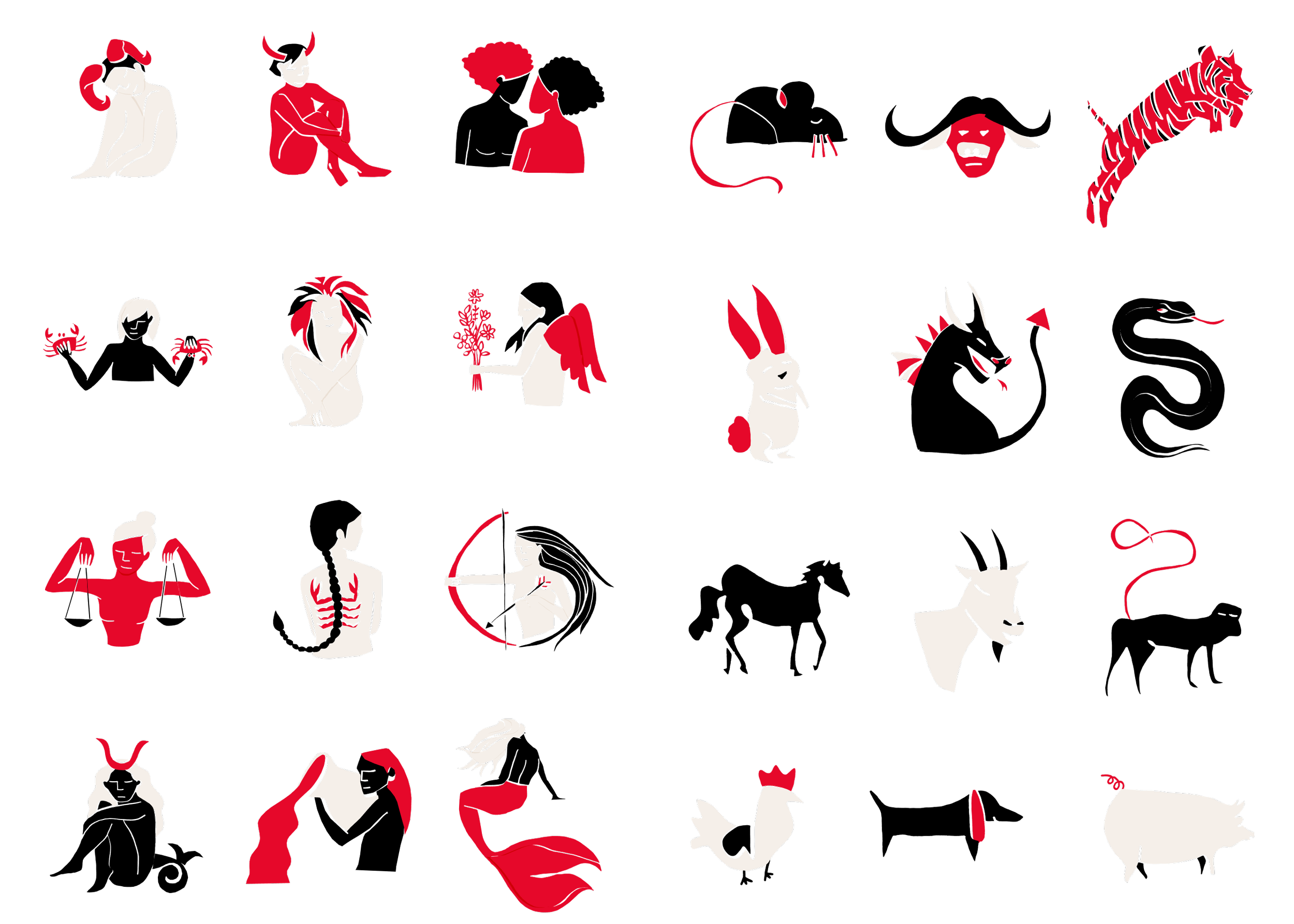 Illustration représentant les douze signes du zodiaque chinois, chacun illustré par une figure symbolique dans un style minimaliste en noir, blanc, et rouge.
