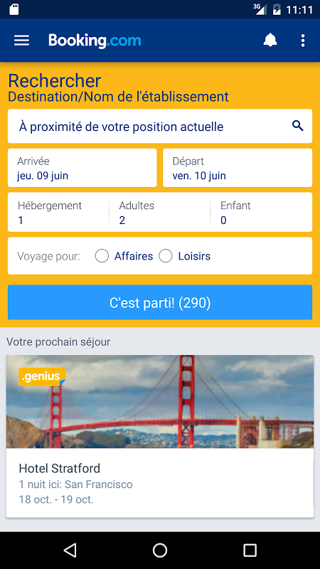 Page d'une application de réservation d'hôtel montrant des détails d'une réservation, avec un lien vers un séjour à l'hôtel Stratford à San Francisco près du pont Golden Gate.