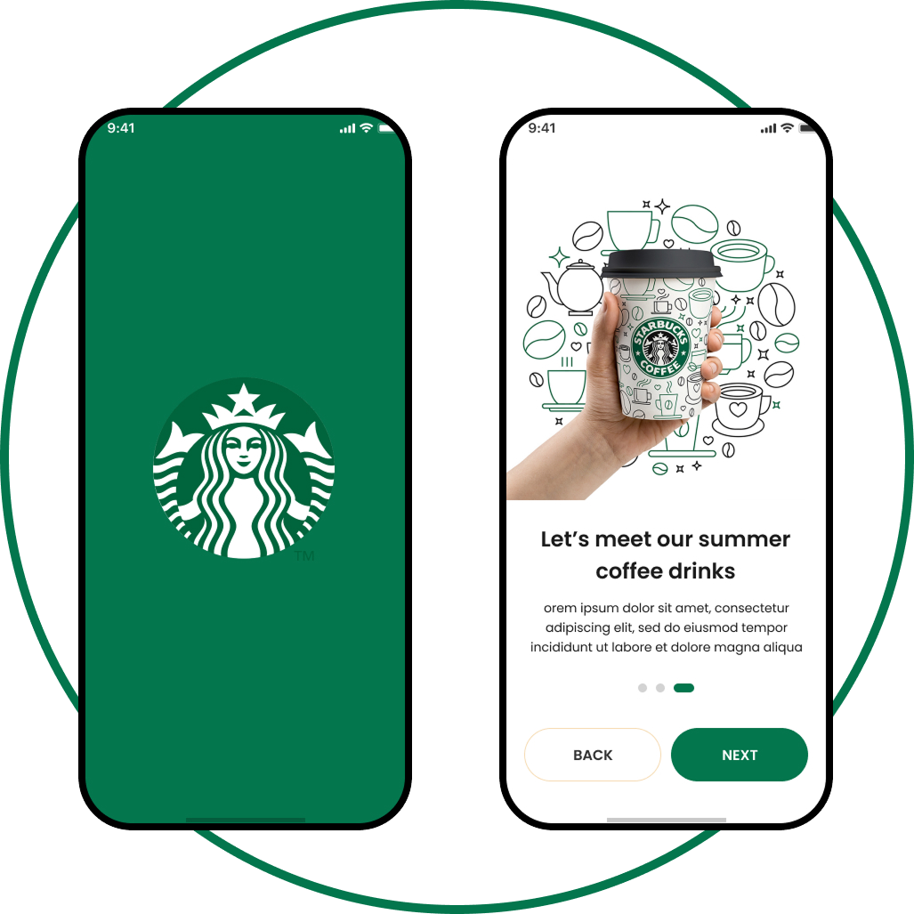 Deux smartphones affichent l'application Starbucks.