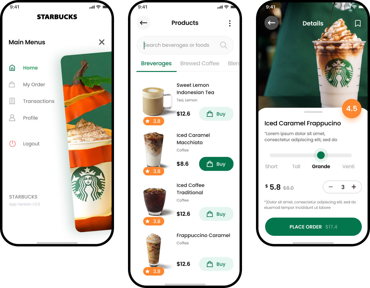 Application mobile affichant le menu Starbucks avec options de boissons comme thé au citron, caramel glacé macchiato, café glacé traditionnel, frappuccino caramel, et détails pour un frappuccino caramel glacé.