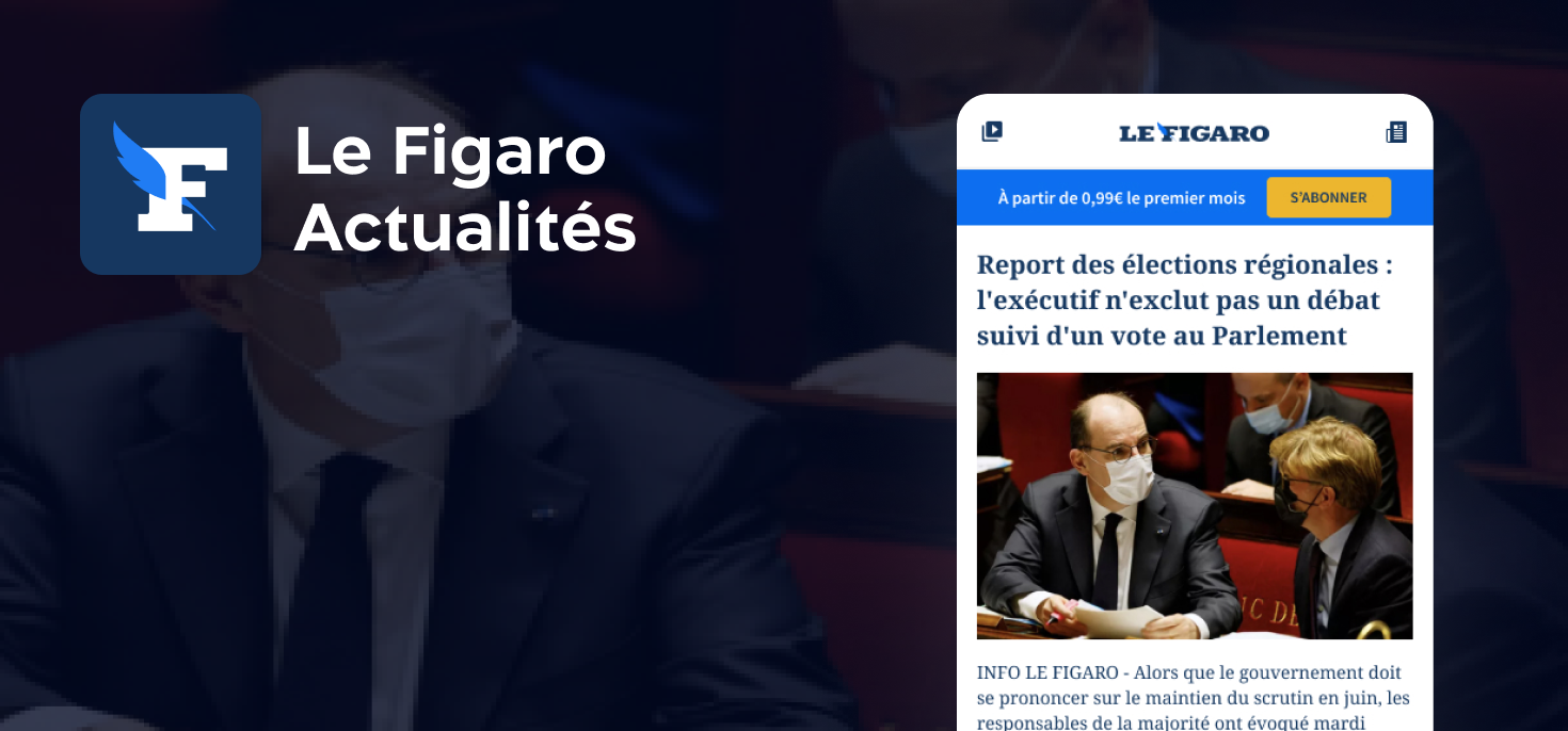 Capture d'écran d'une page web de Le Figaro Santé affichant un article sur un report d'élections régionales avec une photo de deux hommes en discussion, portant des masques et assis dans un contexte officiel.