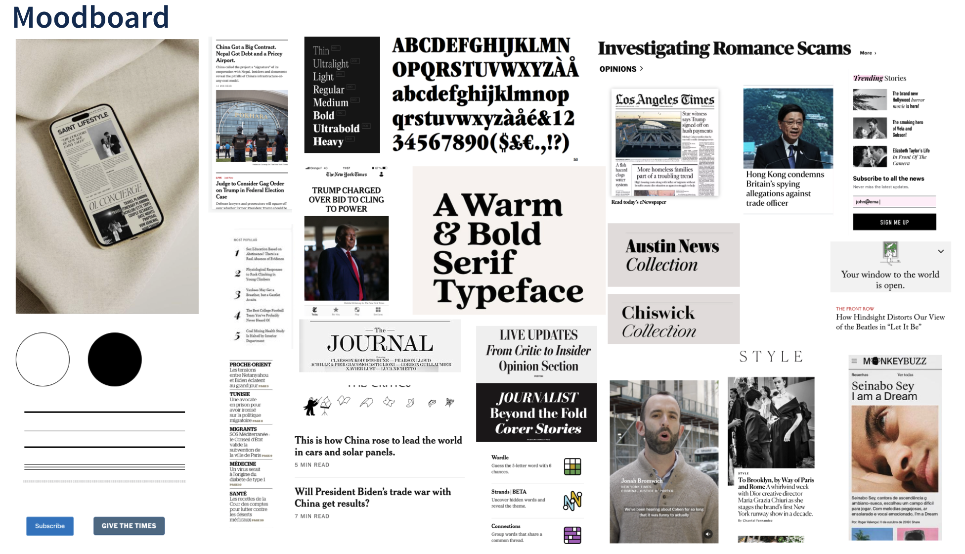 Une assemblée de différents extraits de journaux, articles, et comparatifs de polices de caractères, comprenant un téléphone, un graphique, et des sections de texte en anglais et en français.