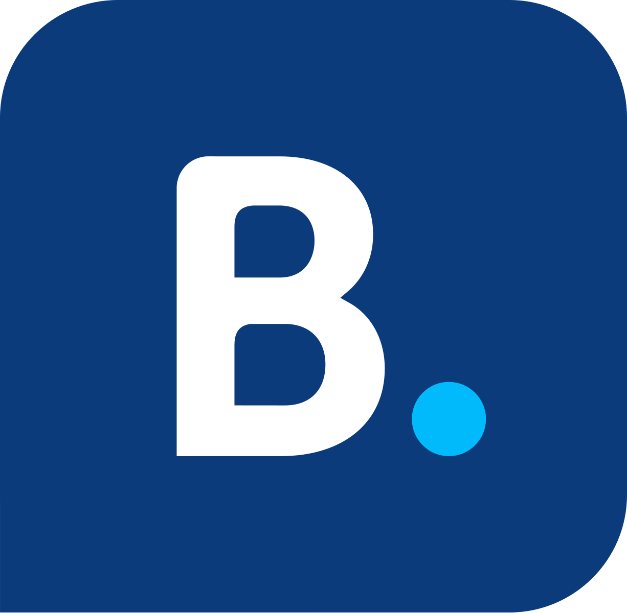 Logo avec une grande lettre B blanche, un point bleu clair à droite, sur fond bleu foncé.
