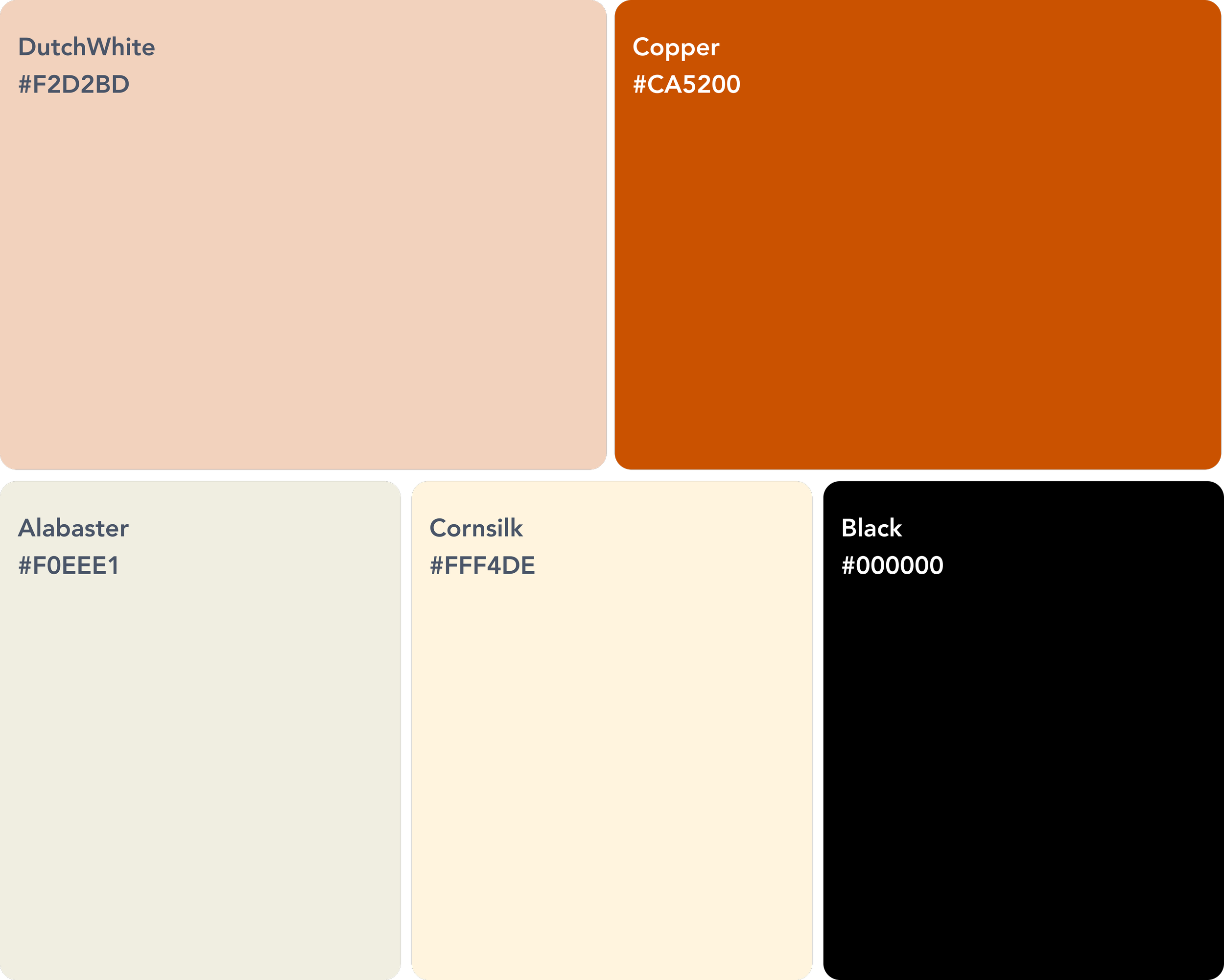 Palette de couleurs comprenant DutchWhite, Copper, Alabaster, Cornsilk et Black.
