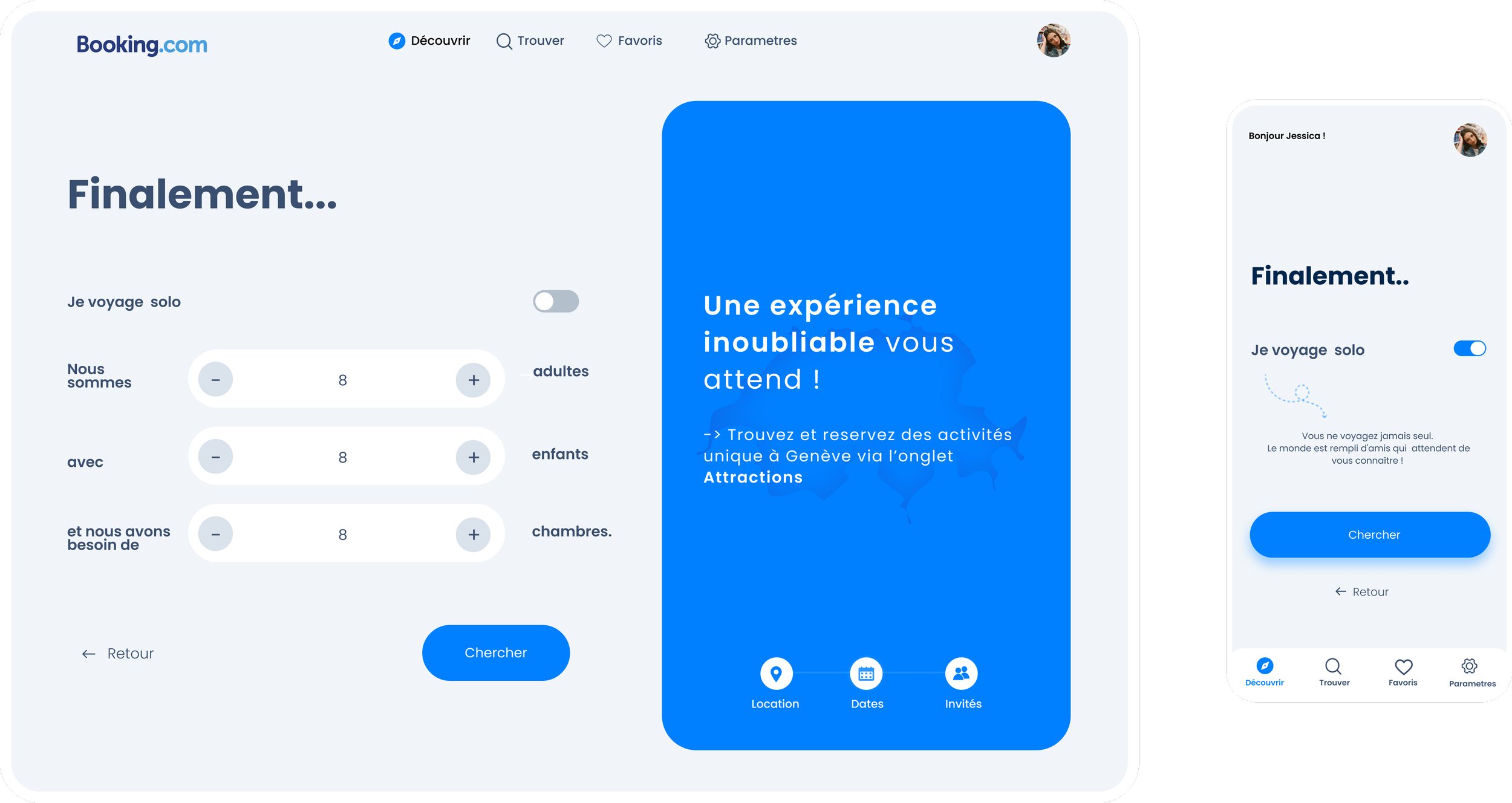 Page de réservation en ligne avec un formulaire pour indiquer le nombre d'adultes, d'enfants, et de chambres, accompagnée d'un message enthousiaste sur une expérience unique à Genève. Interface pour rechercher des activités, avec options de navigation en bas de page.