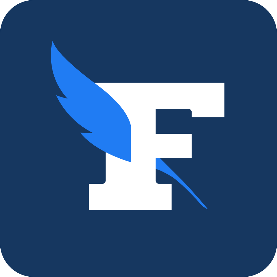 Logo avec une lettre 'E' blanche, décorée d'une plume bleue sur le côté gauche, sur fond bleu foncé.