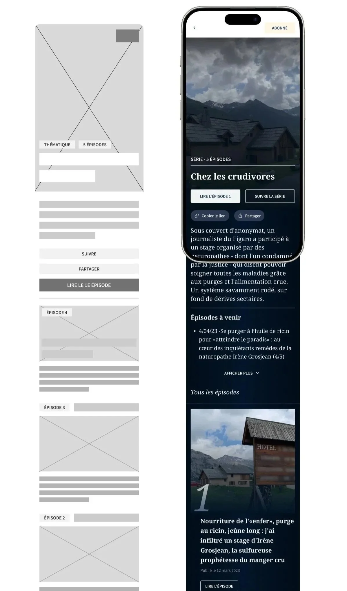 Capture d'écran d'une application de podcast montrant la série 'Chez les crudivores', avec des options pour lire ou suivre un épisode, et une description de l'intrigue. Inclut une image d'une cabane en montagne.