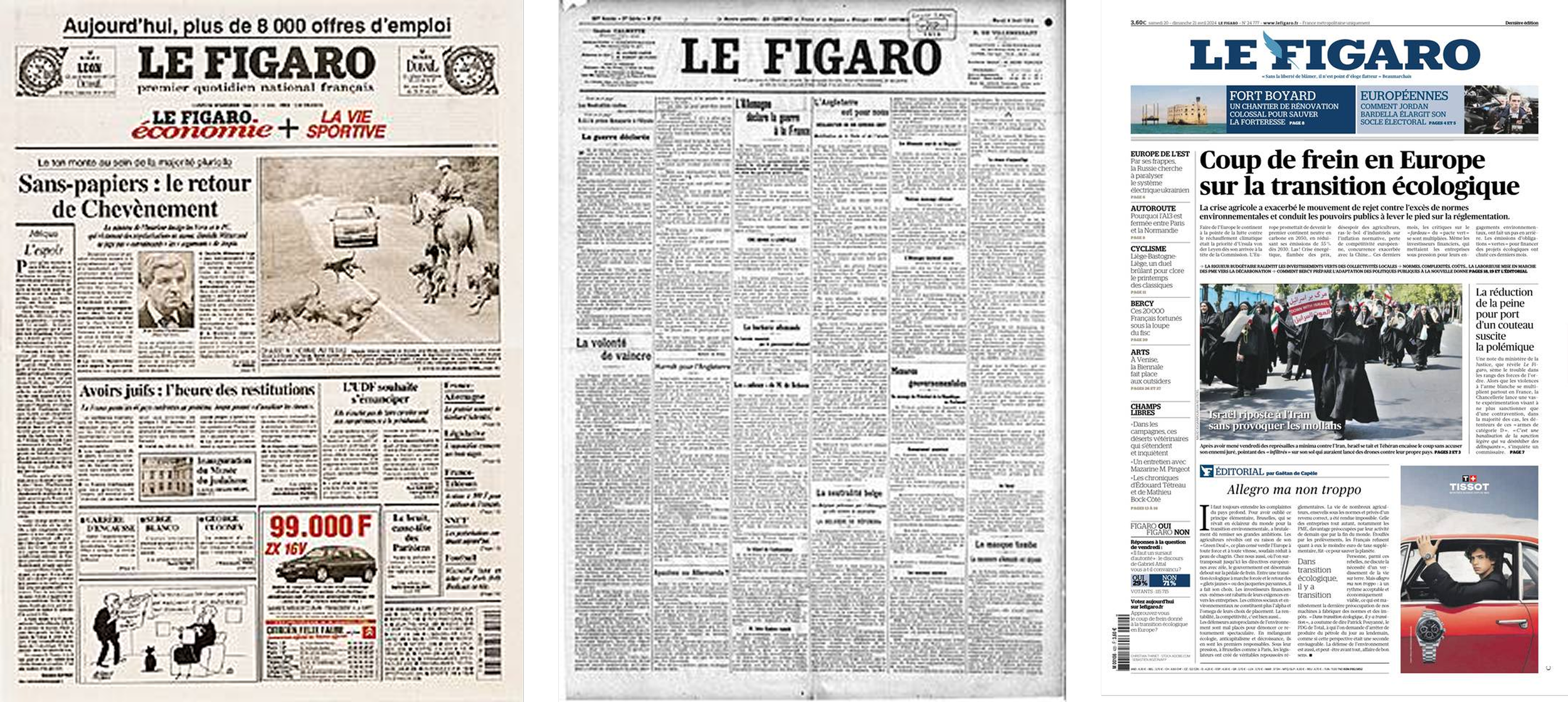 Trois versions d'une page du journal Le Figaro, avec le logo en haut, différentes actualités, une photo de manifestantes, et une publicité pour une montre Tissot.
