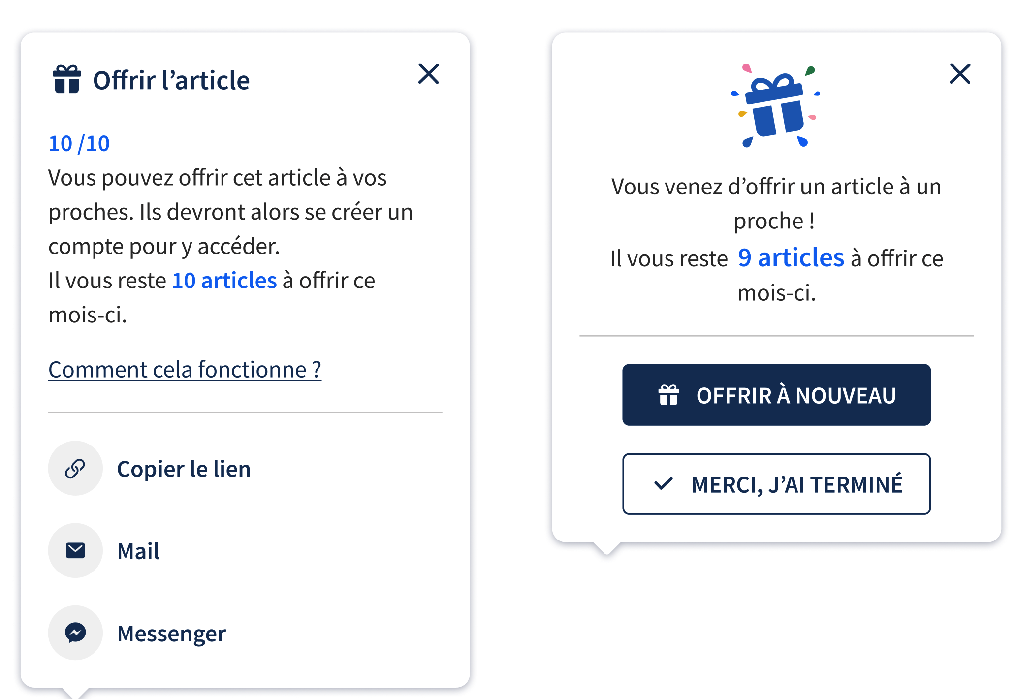 Captures d'écran de deux fenêtres de dialogue de partage d'article, indiquant le nombre d'articles restants à offrir et proposant des options pour offrir à nouveau ou terminer.