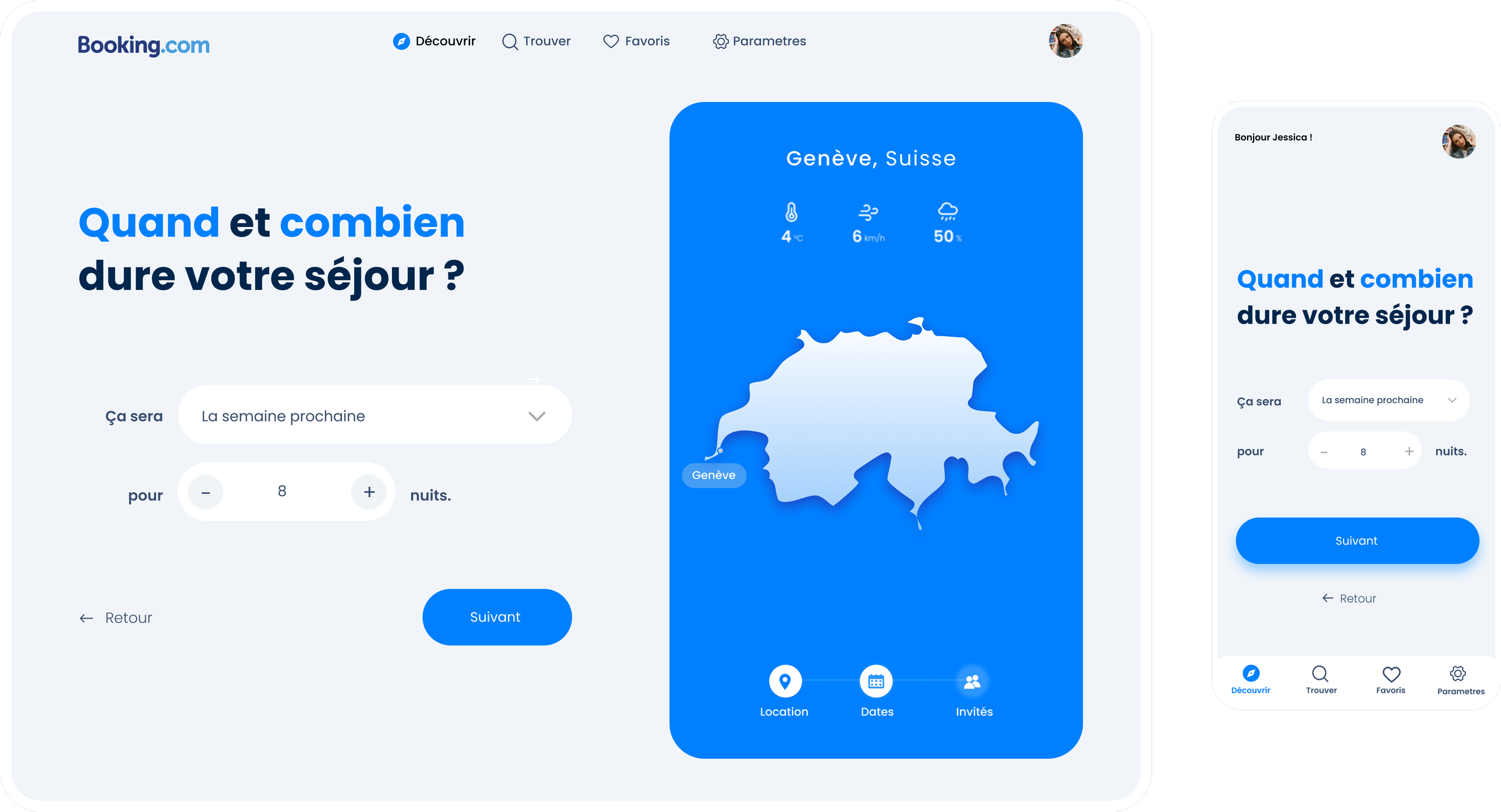 Capture d'écran d'une interface de réservation sur Booking.com, présentant une question sur la durée du séjour avec des options de sélection pour la semaine prochaine pour 8 nuits, avec une carte représentant Genève, Suisse, et une interface mobile similaire