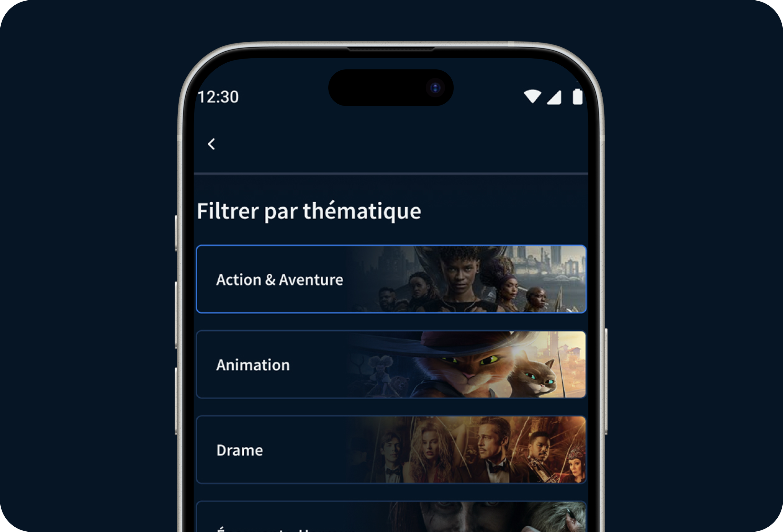 Capture d'écran d'une application mobile avec un menu de filtrage par thématique, dont Action & Aventure, Animation, Drama, et autres, sur un fond sombre.