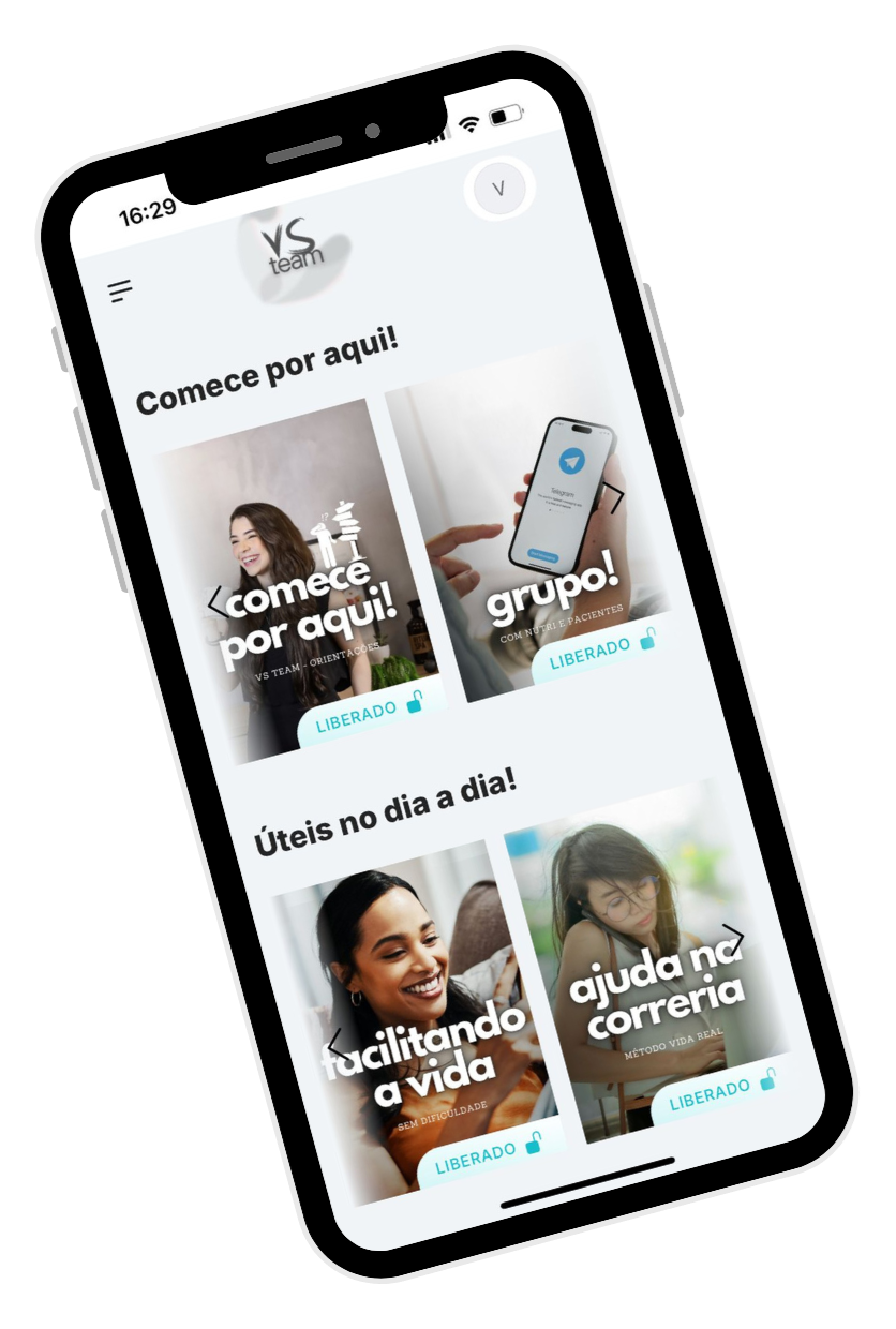 Tela de um smartphone exibindo um aplicativo de comunicação com seções sobre começar aqui, grupos e dicas diárias, com imagens de pessoas sorrindo e usando o aplicativo.