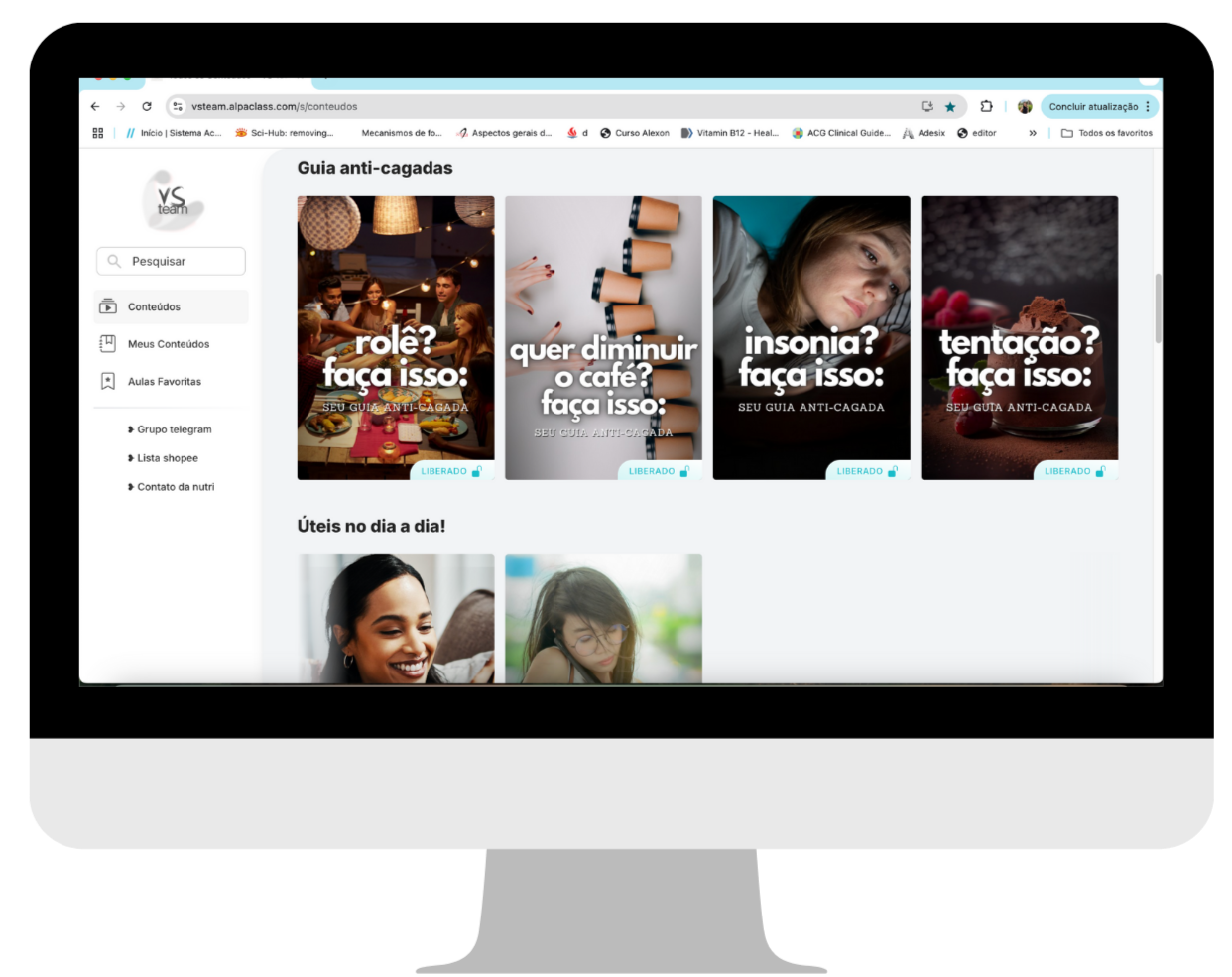 Tela de computador exibindo uma página de conteúdo sobre sugestões anti-cacadas, com artigos e títulos relacionados a dicas para melhorar o sono, reduzir cafeína, insônia e tentação.