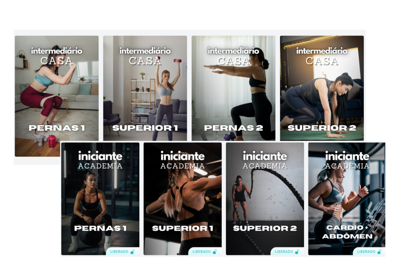 Coleção de vídeos de exercícios físicos de diferentes níveis, incluindo treinos para pernas, superior, abdômen, e cardio, com imagens de pessoas praticando em ambientes internos.