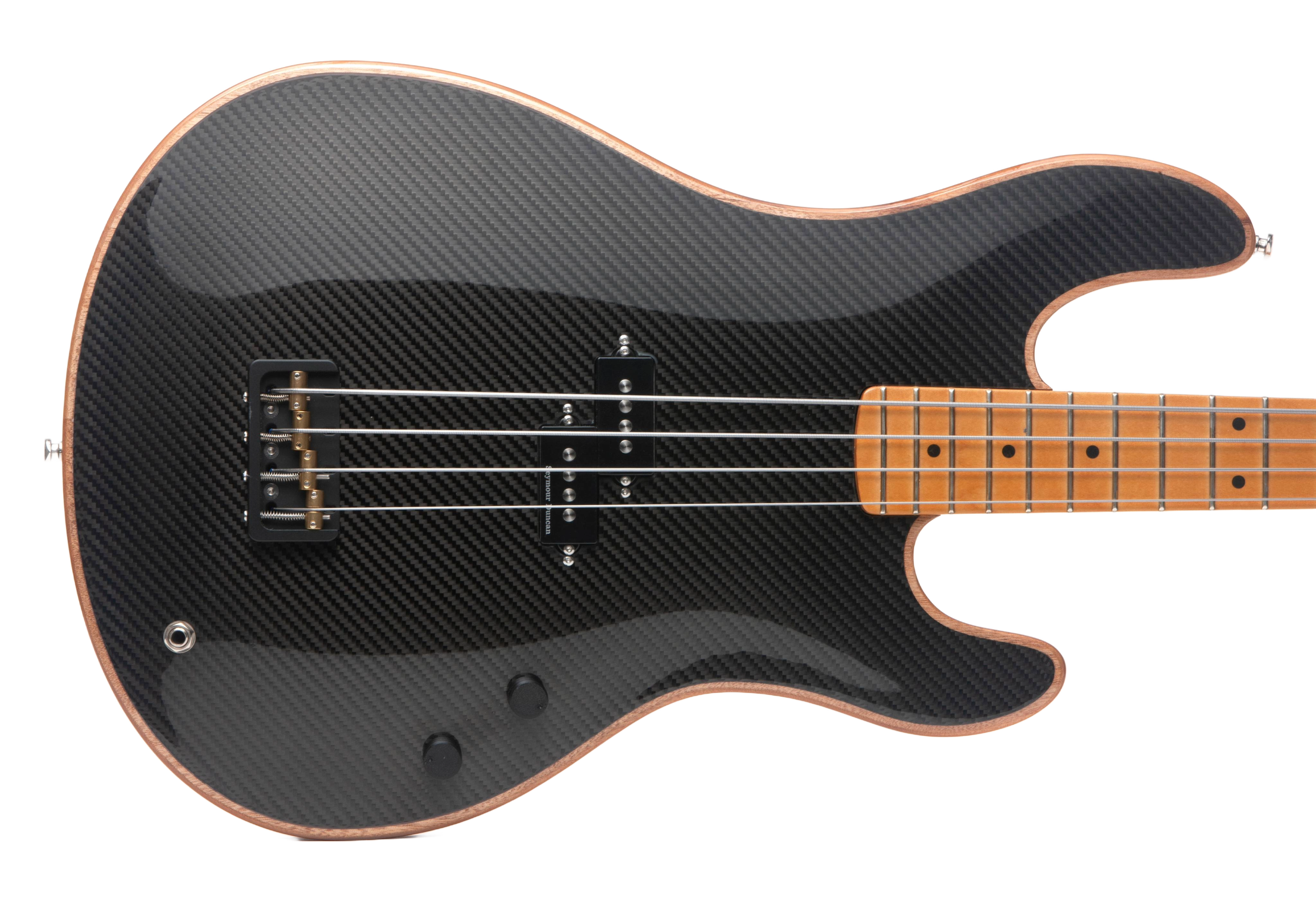 Close-up of an electric guitar with a black carbon fiber body, maple fretboard, and black pickups.