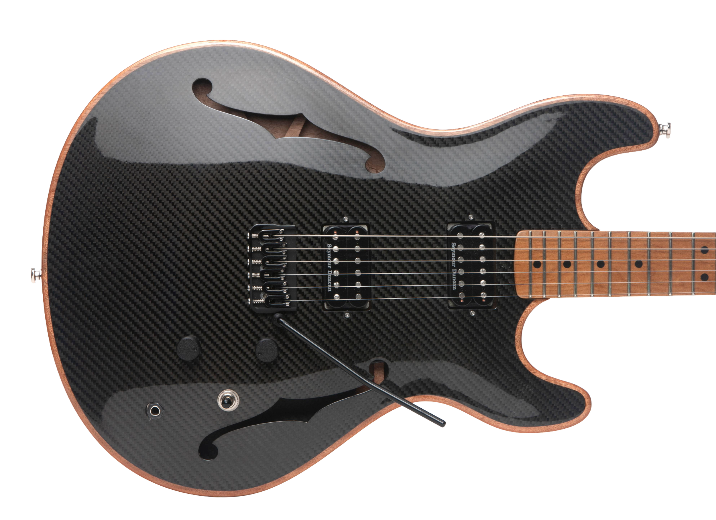 Close-up of a black carbon fiber guitar with electric pickups and a wooden neck.
