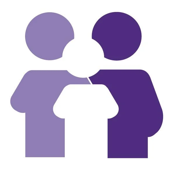 3 people outlined in purple and white.