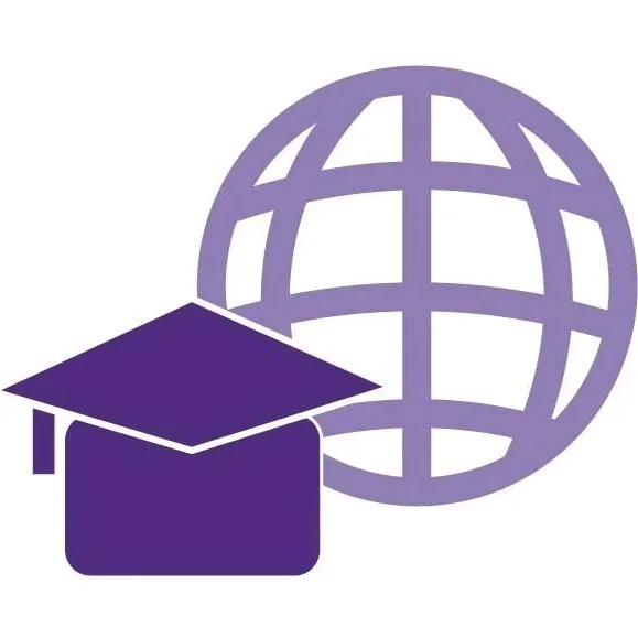 A purple grad cap and a purple globe outline.