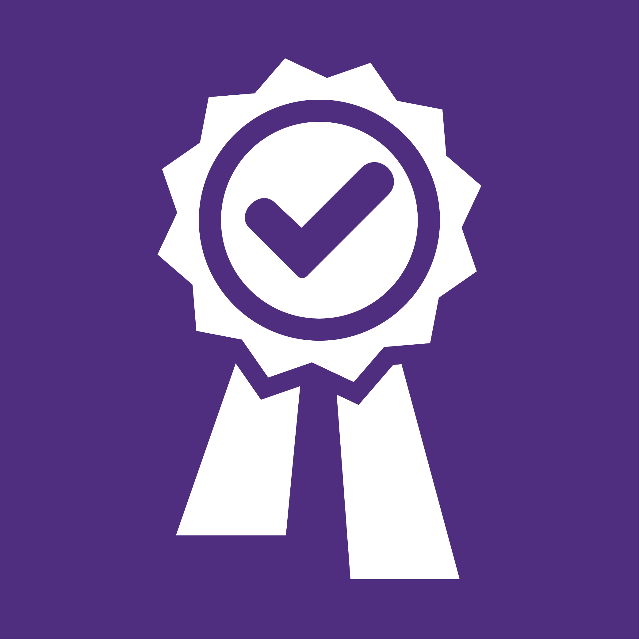 A white badge on a purple background.