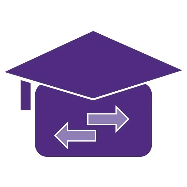 A purple grad cap with light purple arrows inside.