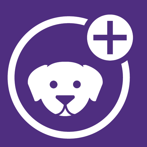 A white circle with a white dog on a purple background.