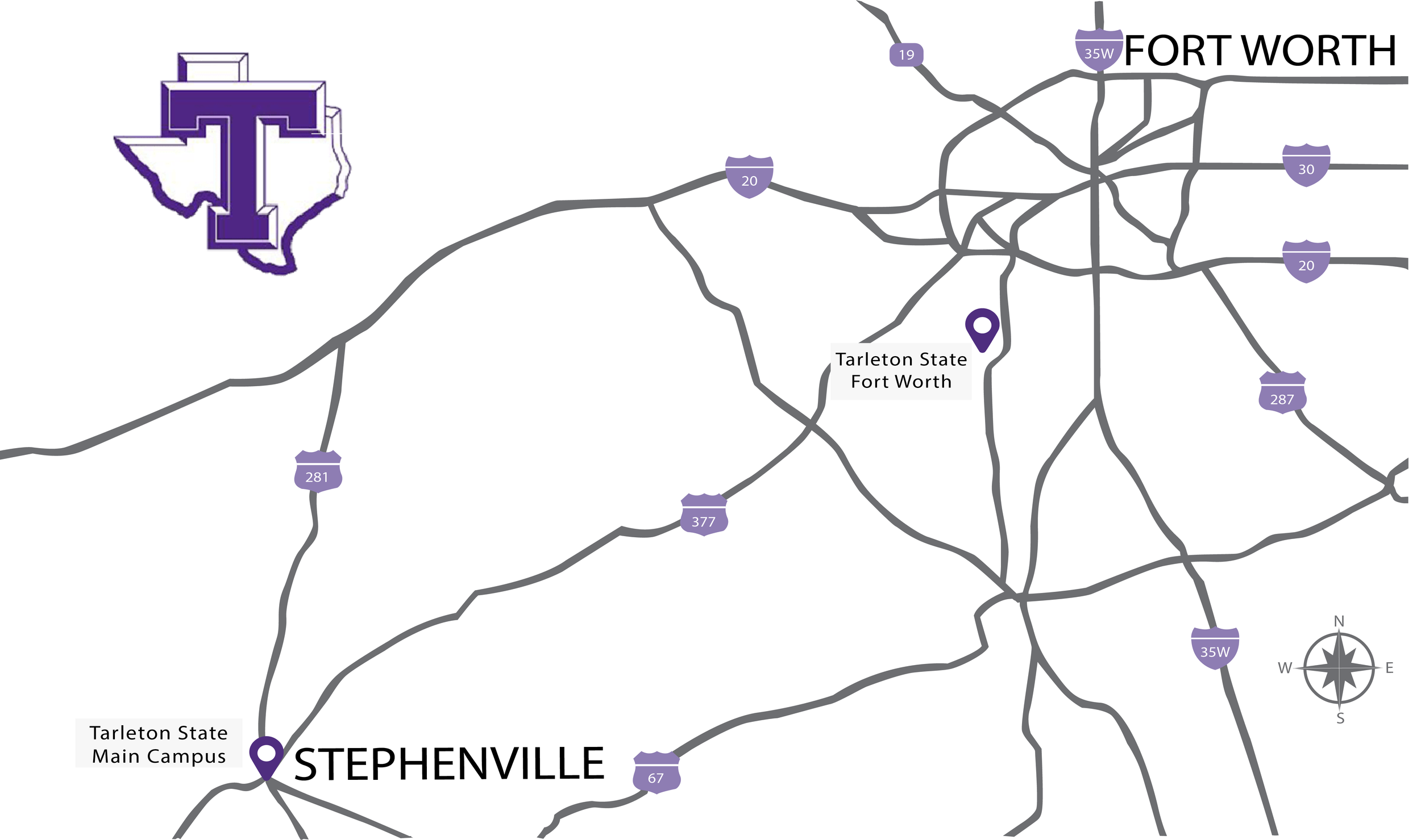 A map created the show where the Fort Worth Tarleton campus is in relation to the main Stephenville campus.