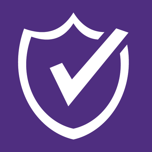 A white shield outline with a white checkmark on a purple background.