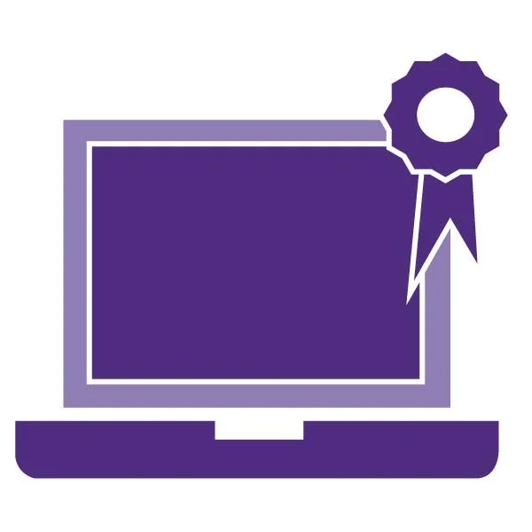 A purple computer with a badge.
