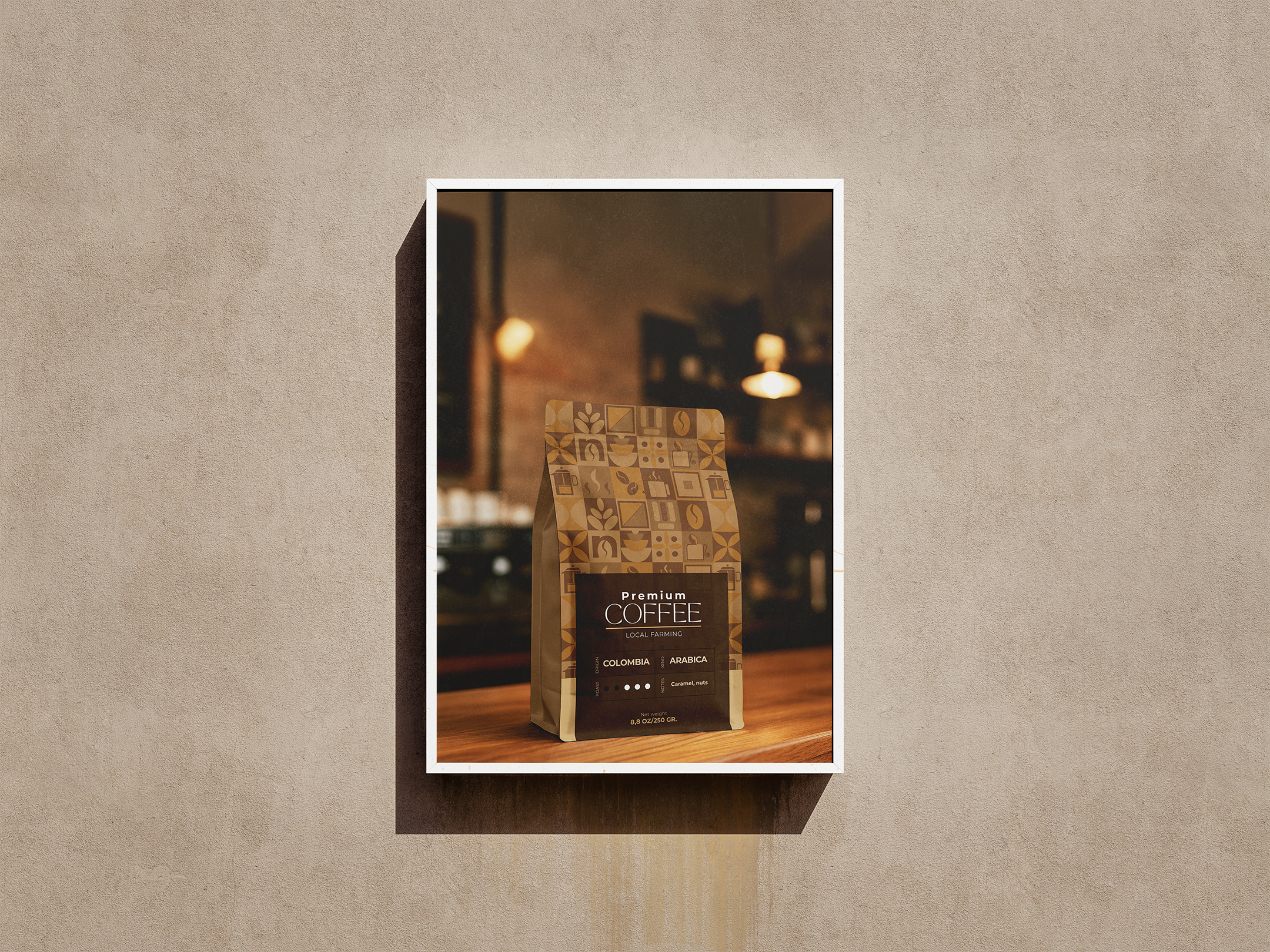 A coffee bean bag sitting on top of a counter.