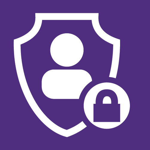 A person in a shield with a purple lock on a purple background.