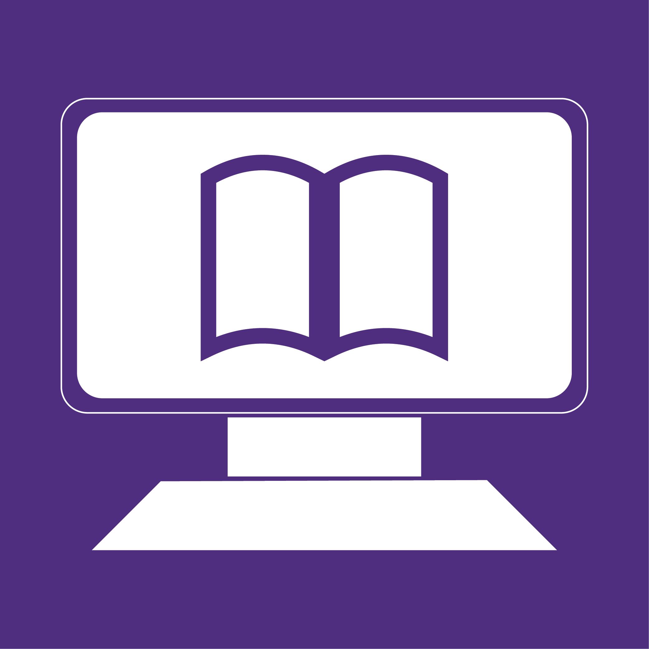 A white computer with a purple book on a purple background.
